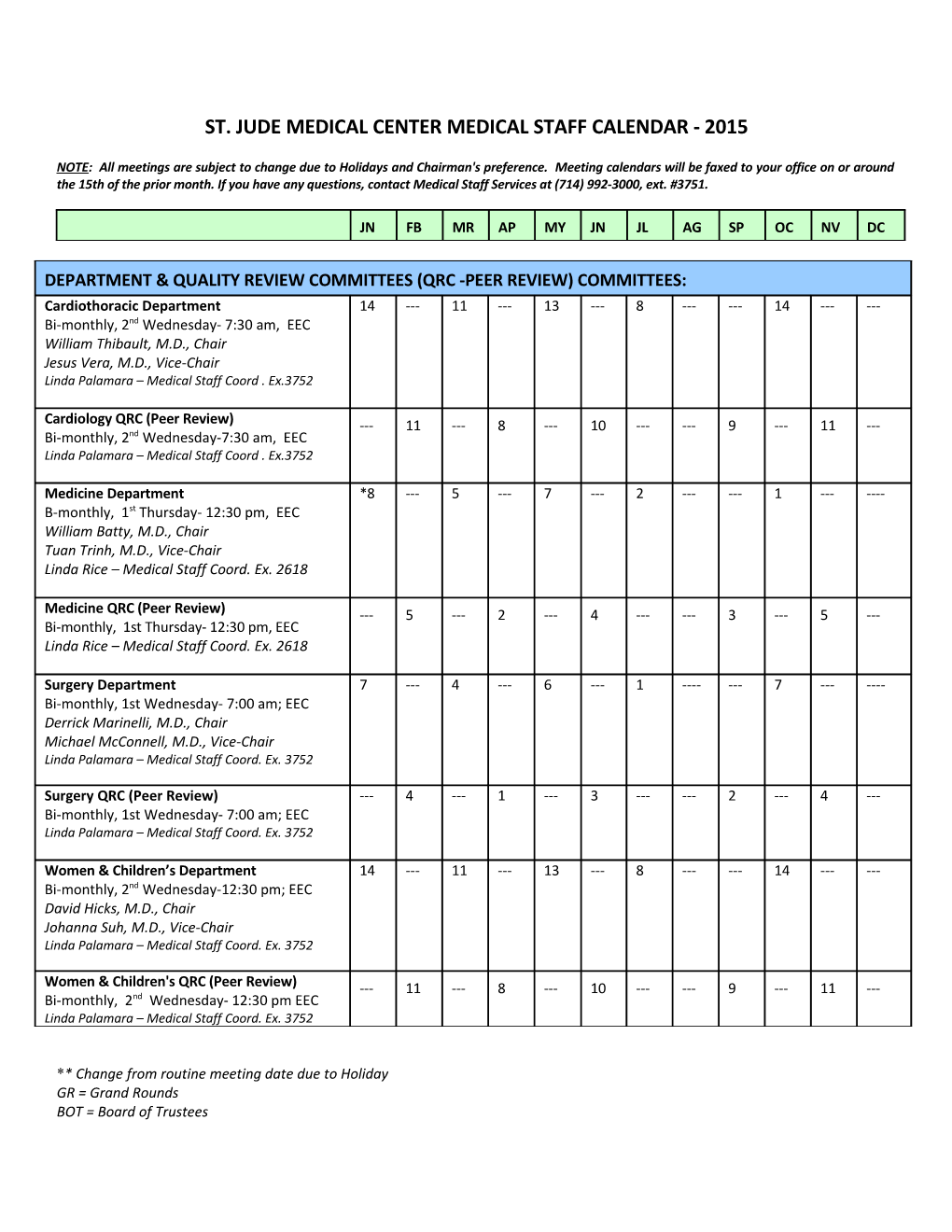 St. Jude Medical Center Medical Staff Calendar - 2015