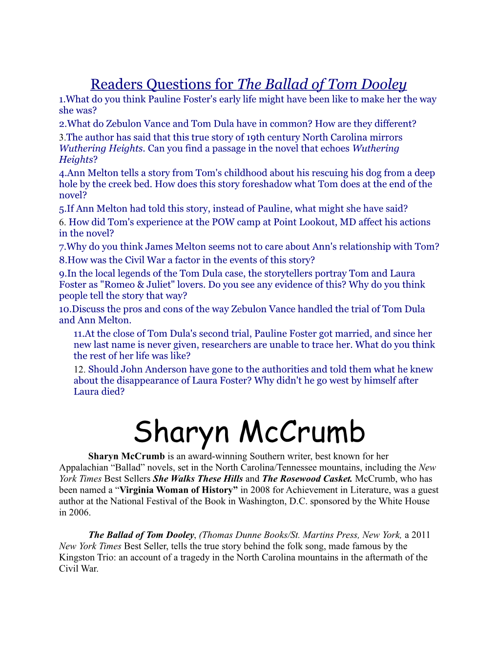 Readers Questions for the Ballad of Tom Dooley