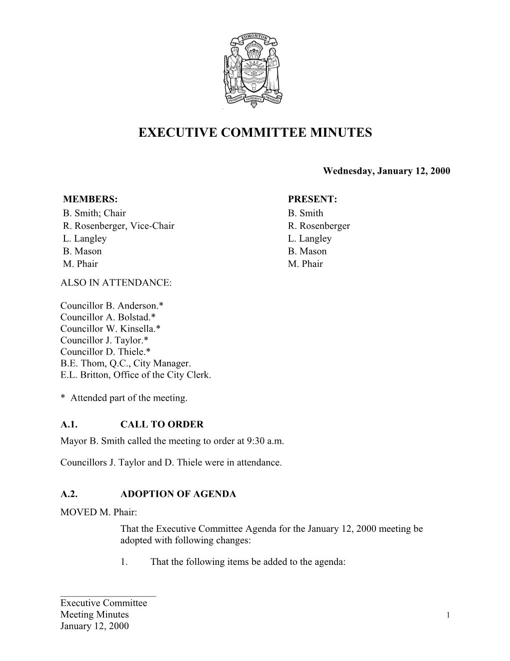 Minutes for Executive Committee January 12, 2000 Meeting