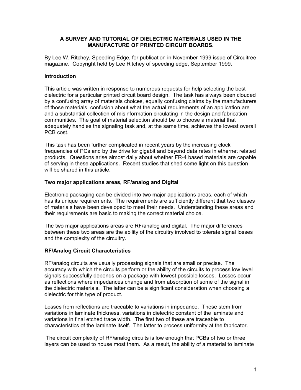 A Survey and Tutorial of Dielectric Materials Used in the Manufacture of Printed Circuit Boards