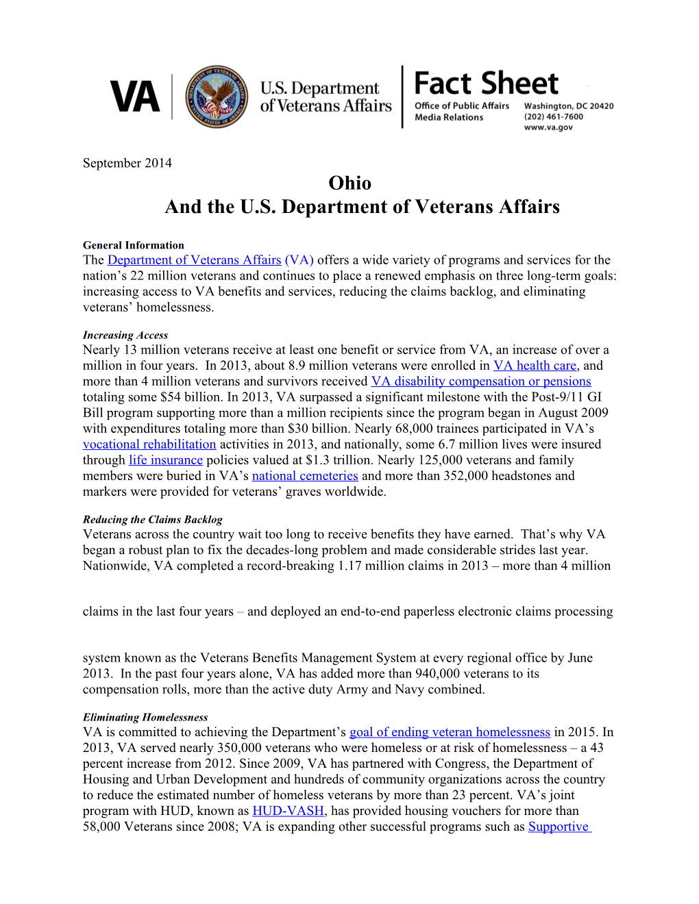 Ohioand the U.S. Department of Veterans Affairs