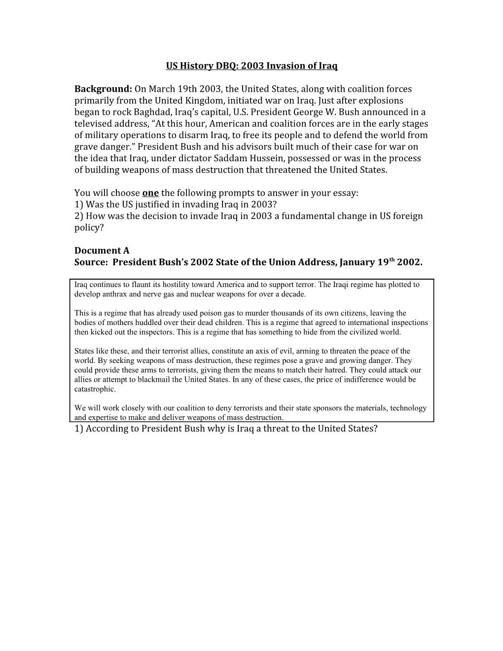 US History DBQ: 2003 Invasion of Iraq