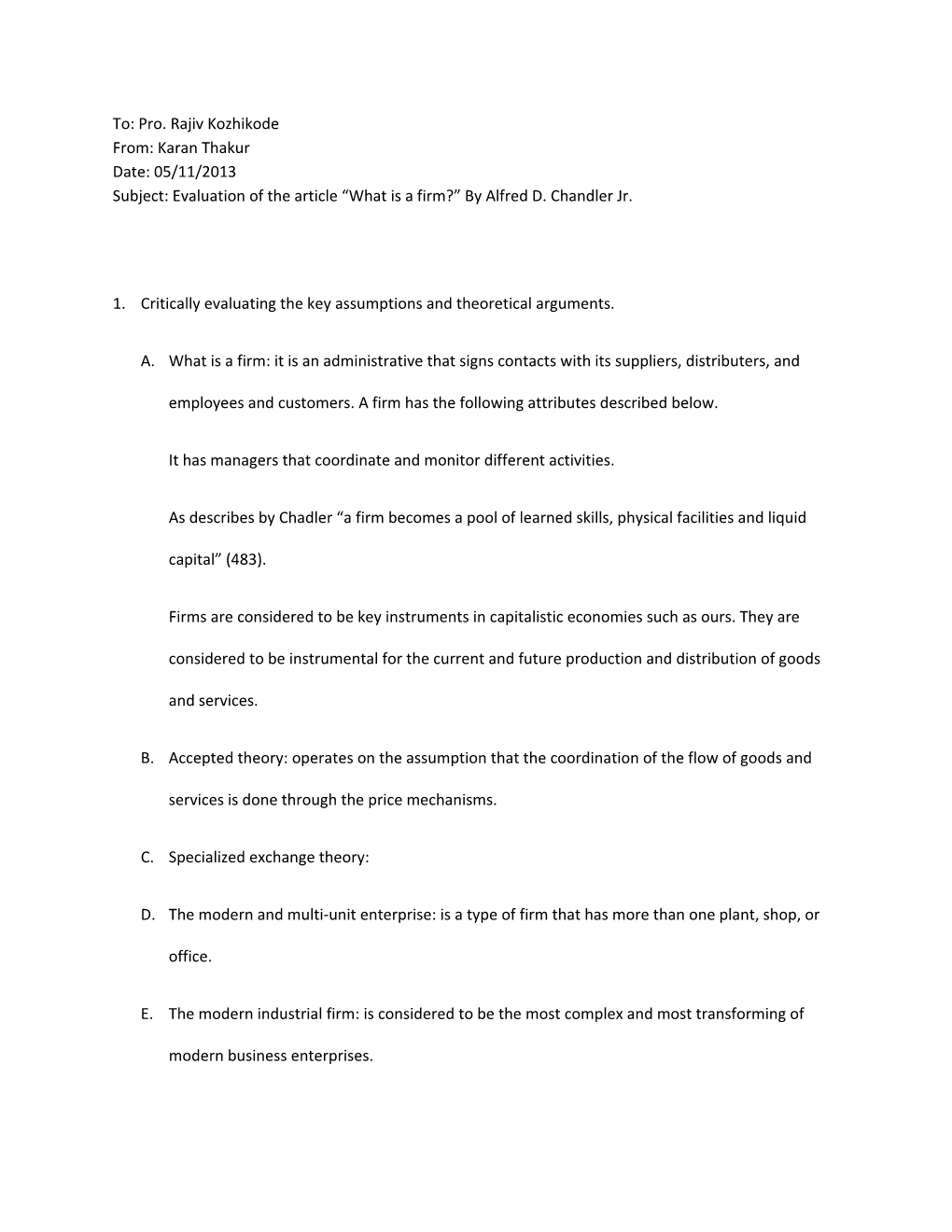 Subject: Evaluation of the Article What Is a Firm? by Alfred D. Chandler Jr