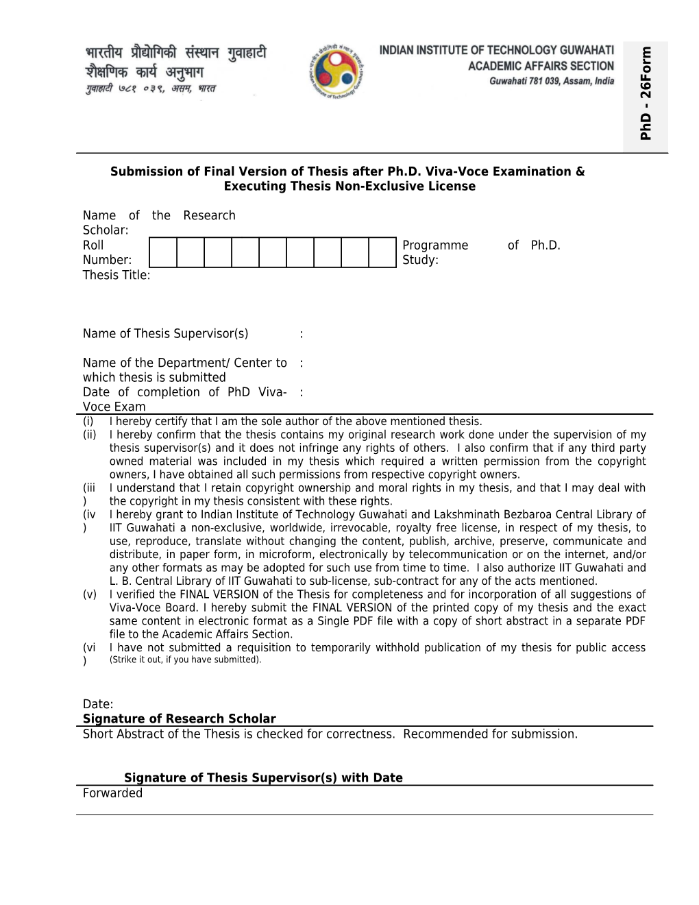 Submission of Final Version of Thesis After Ph.D. Viva-Voce Examination