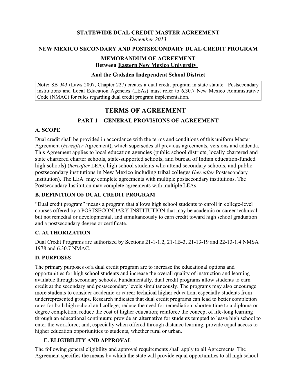 Dual Credit Memorandum of Agreement