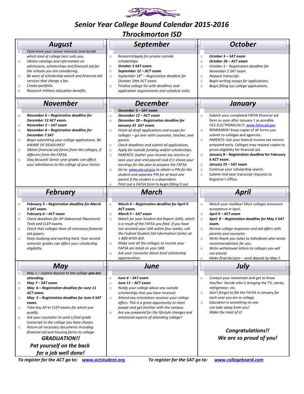 Senior Year College Bound Calendar2015-2016