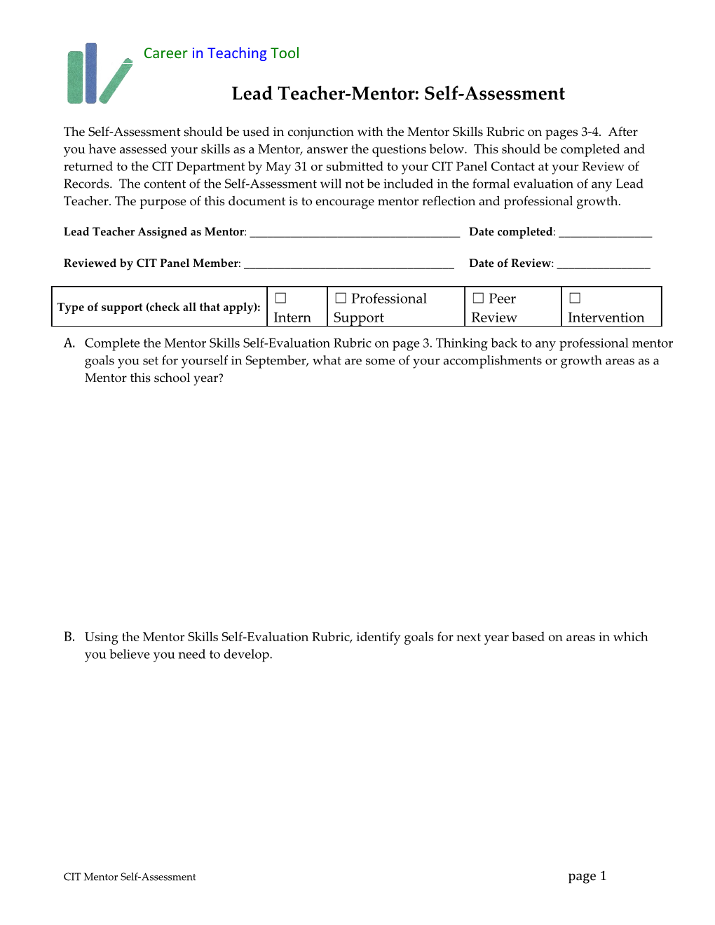 Lead Teacher-Mentor: Self-Assessment