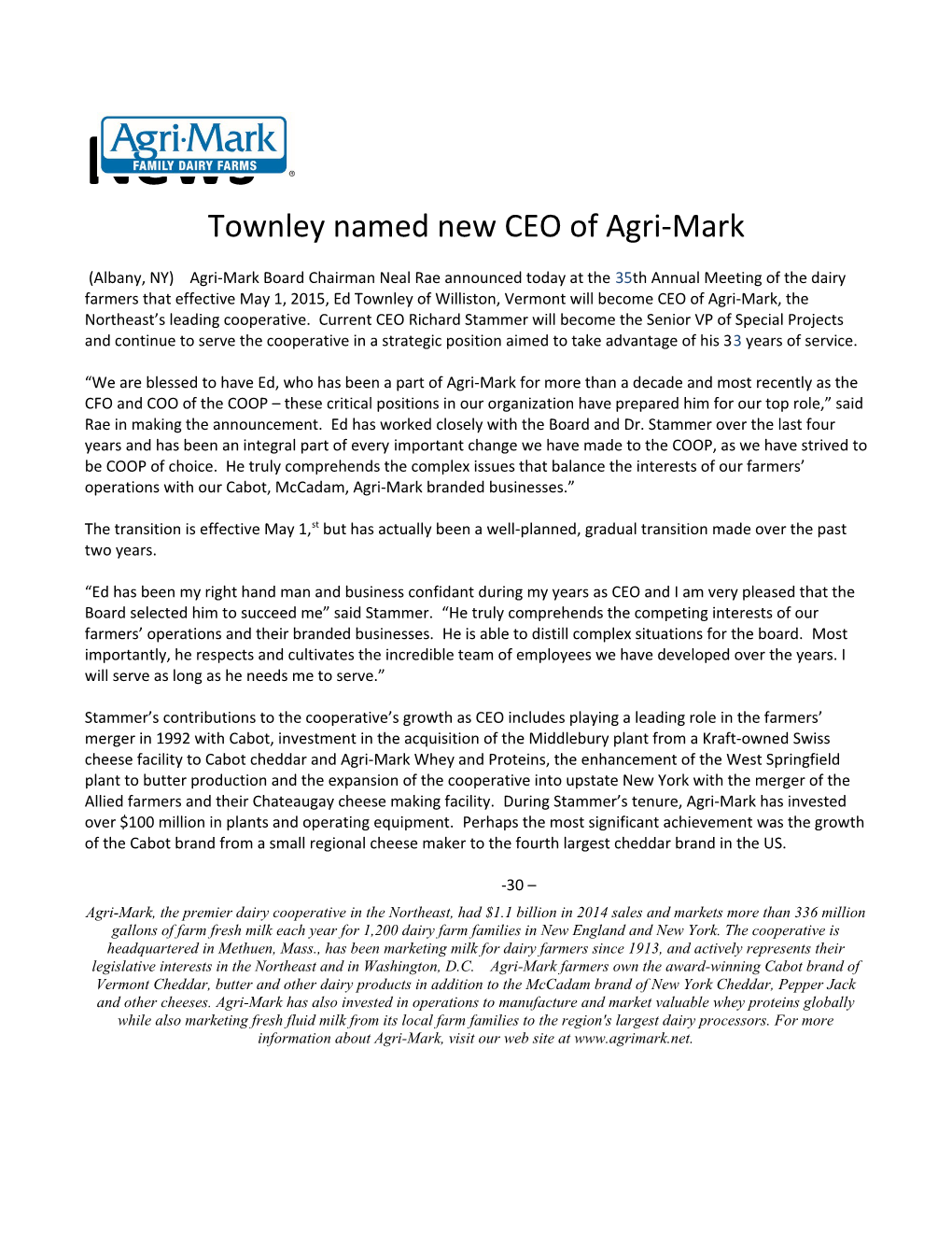 Townley Named New CEO of Agri-Mark