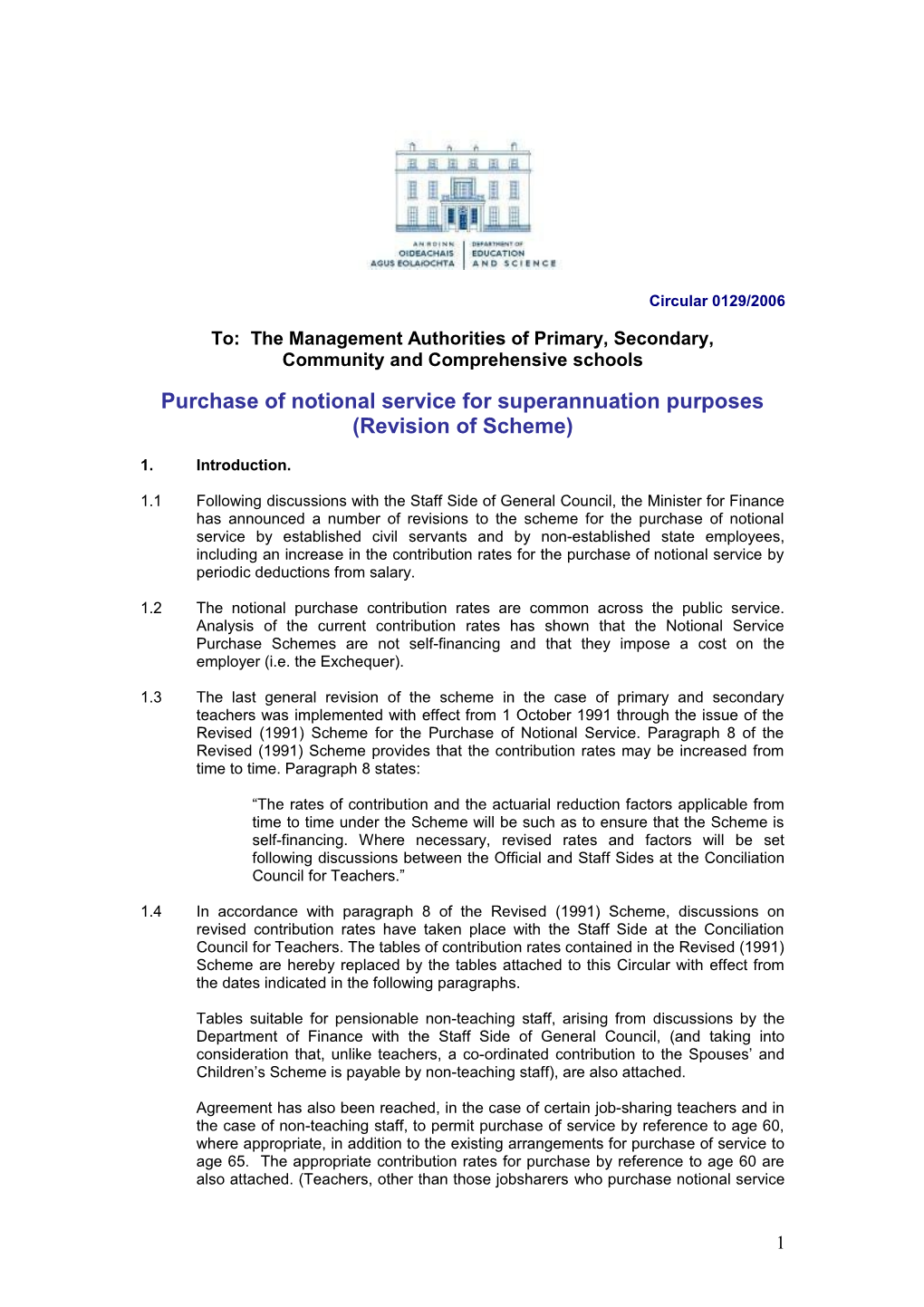 Circular 0129/2006: Purchase of Notional Service for Superannuation Purposes Revision Of