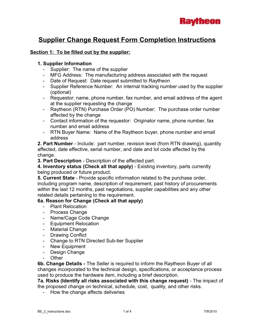 Supplier Change Request Form Completion Instructions