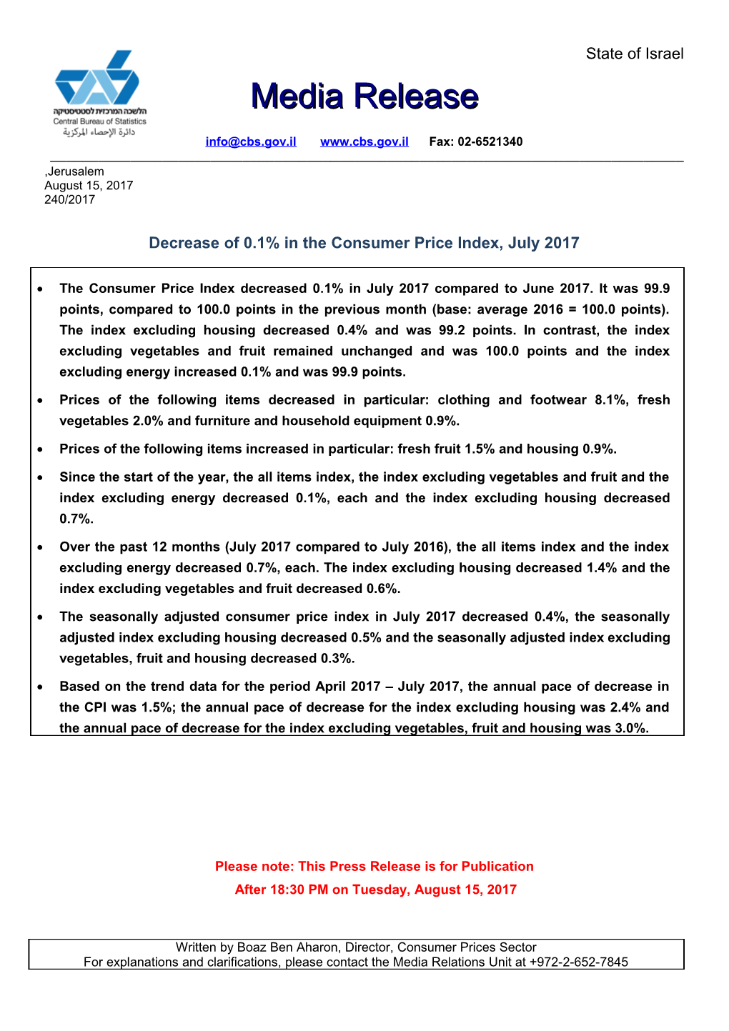 Decrease of 0.1% in the Consumer Priceindex, July 2017