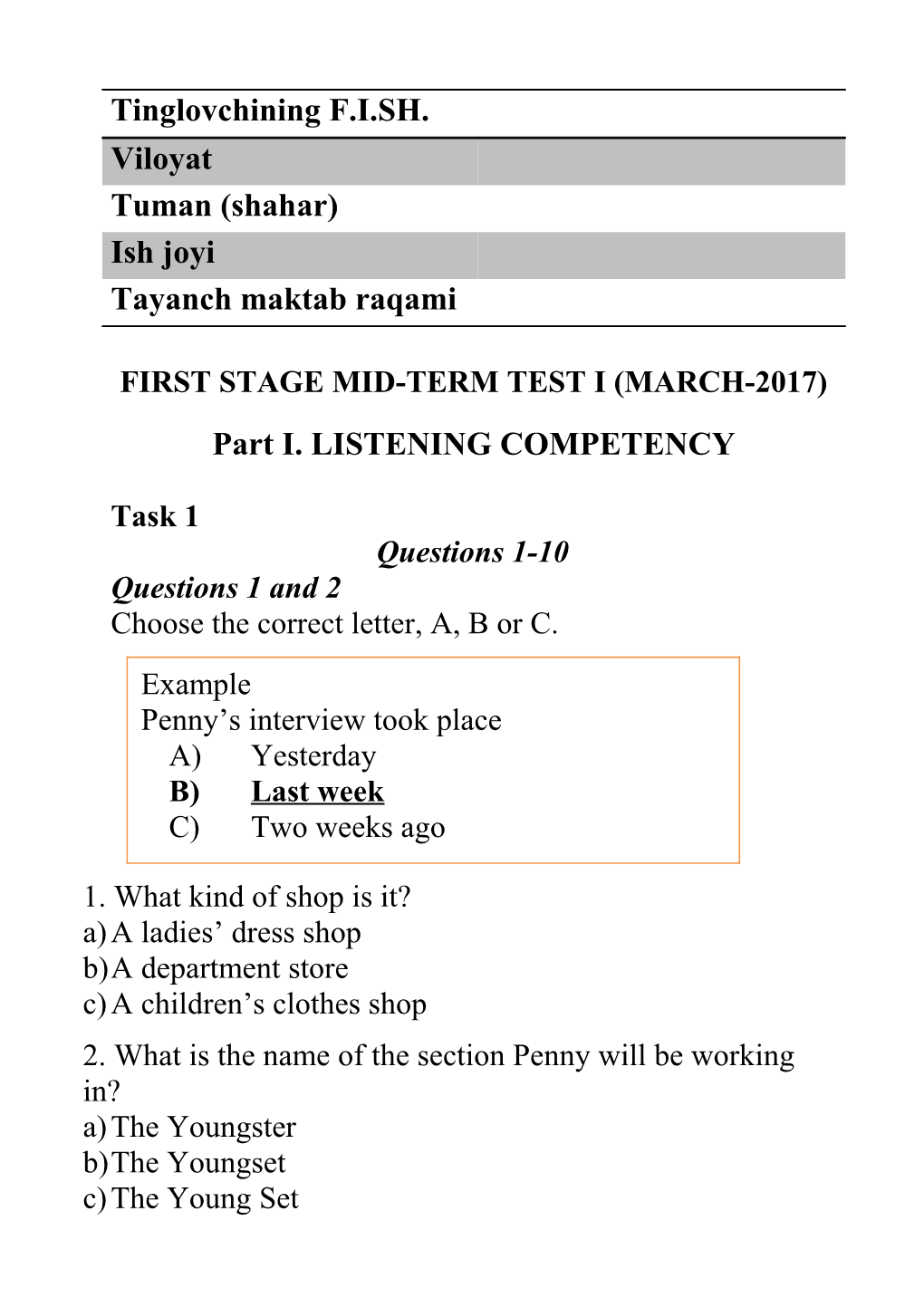 First Stage Mid-Term Test I (March-2017)