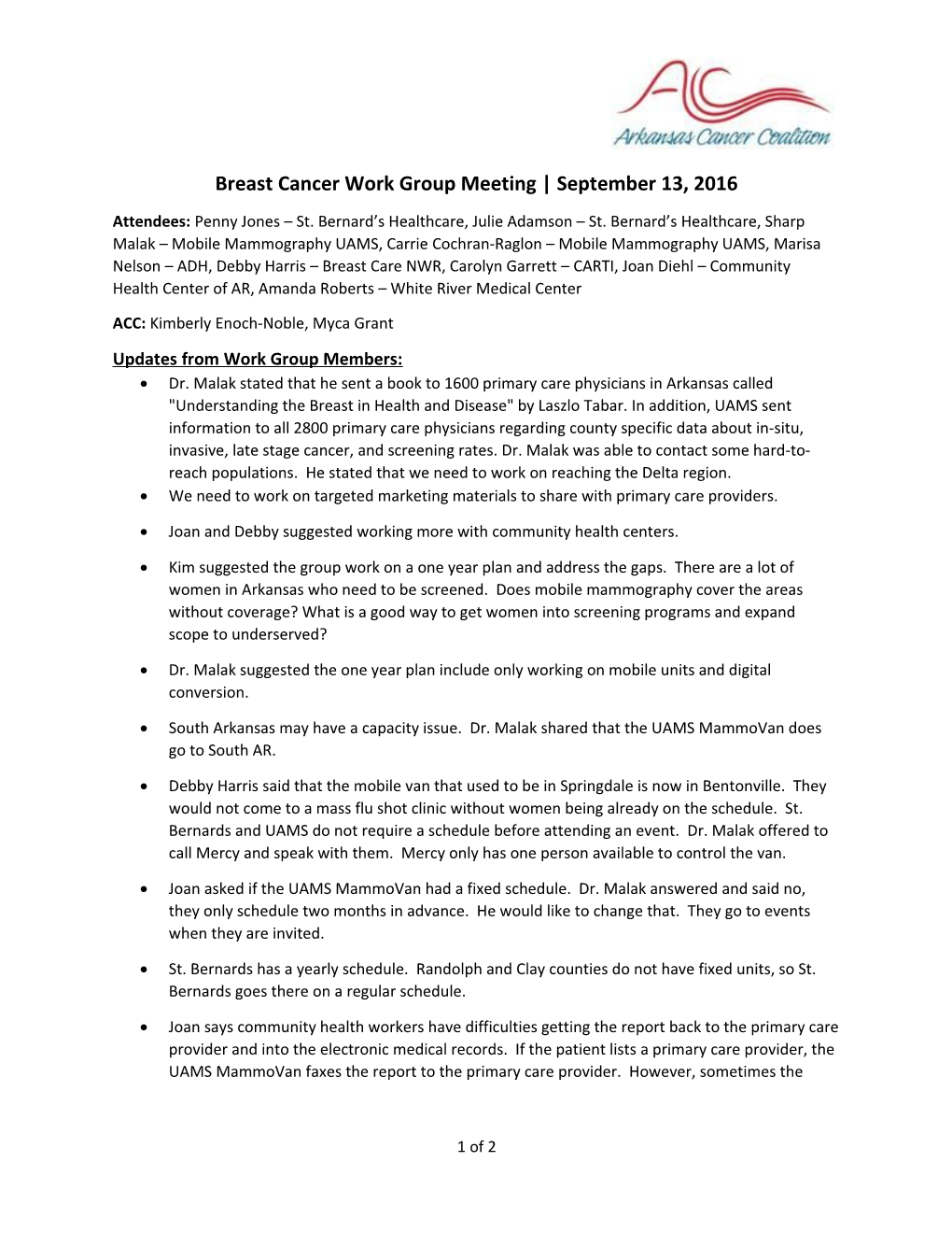 Breast Cancer Work Group Meeting September 13, 2016