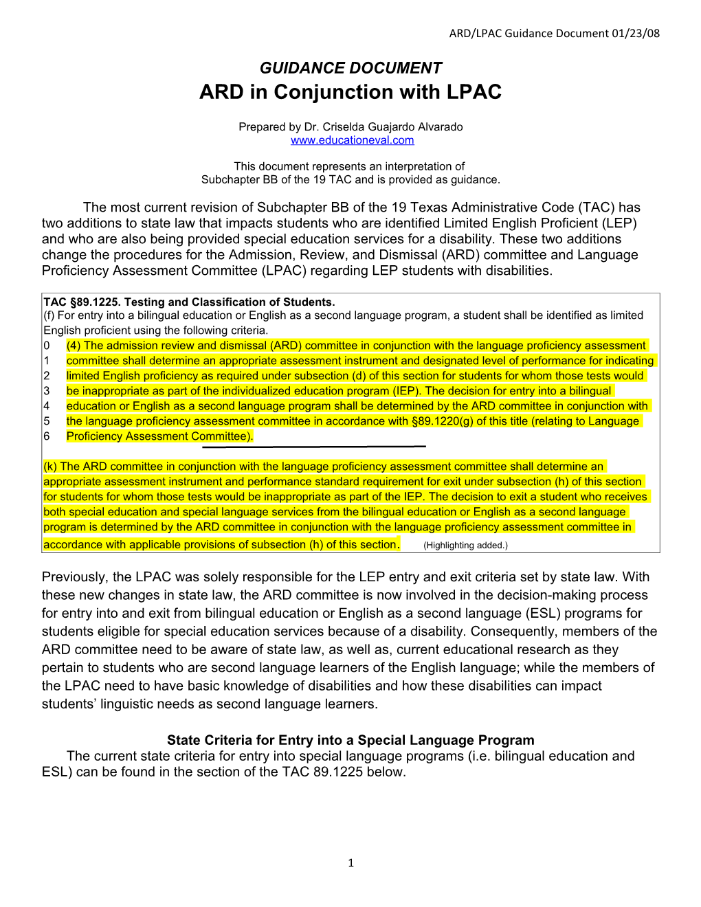 ARD/LPAC Guidance Document 01/23/08