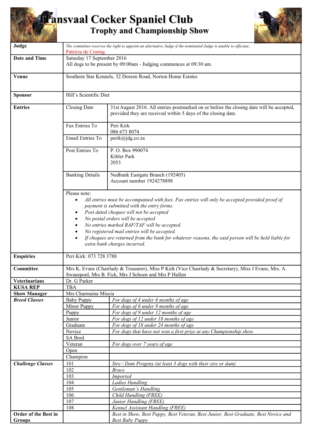 Transvaal Cocker Spaniel Club Match Meeting Schedule