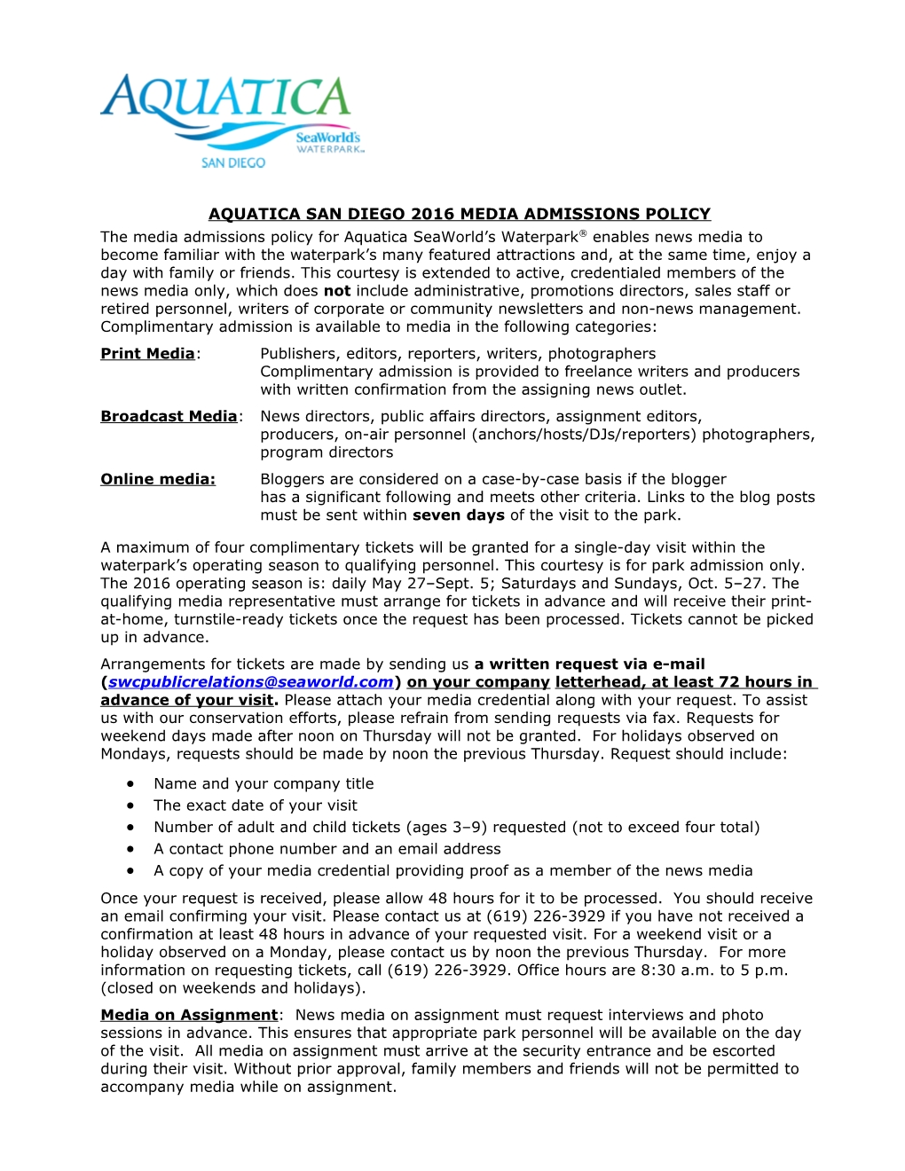 Aquatica San Diego 2016 Media Admissions Policy