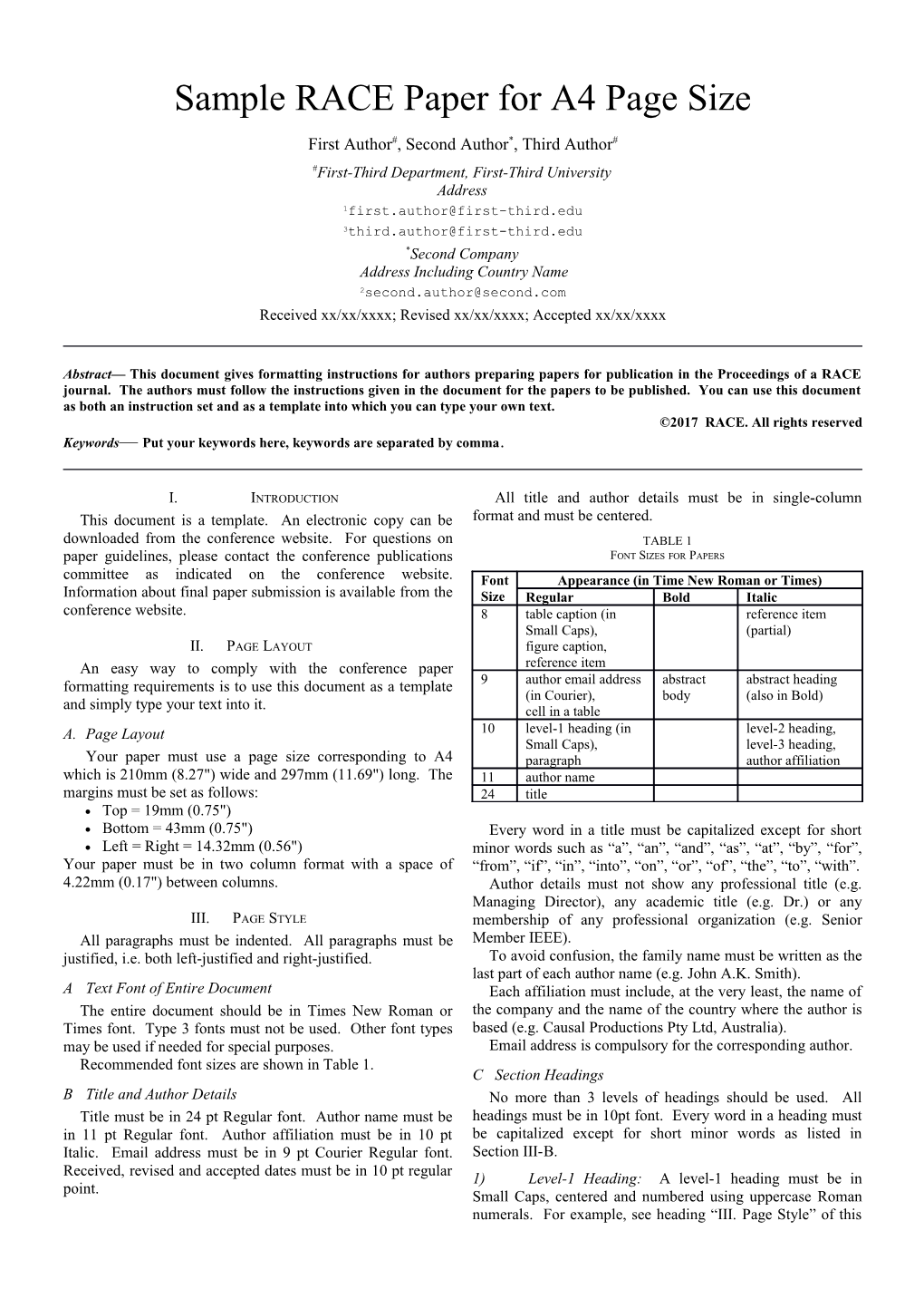 Sample RACE Paper for A4 Page Size