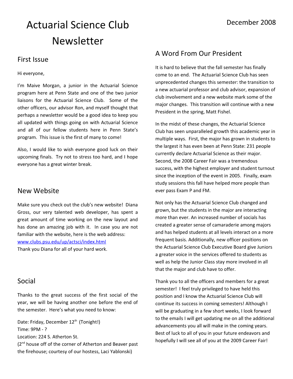 Actuarial Science Club Newsletter