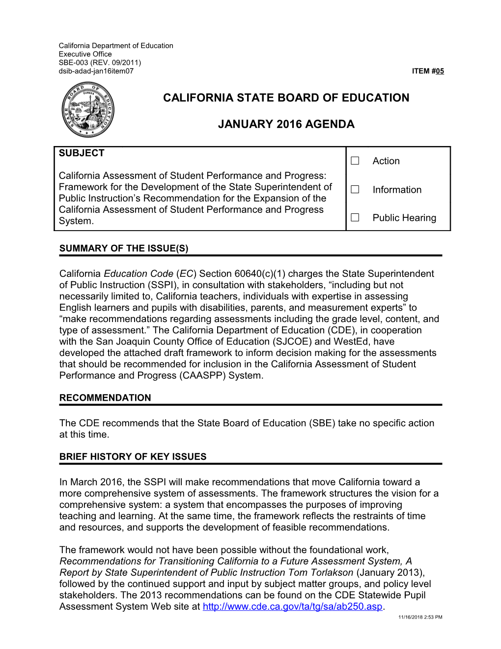 January 2016 Agenda Item 05 - Meeting Agendas (CA State Board of Education)