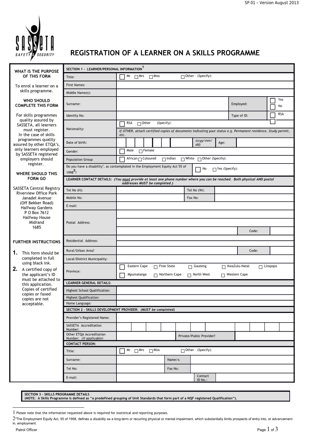 Registration of a Learner on a Skills Programme