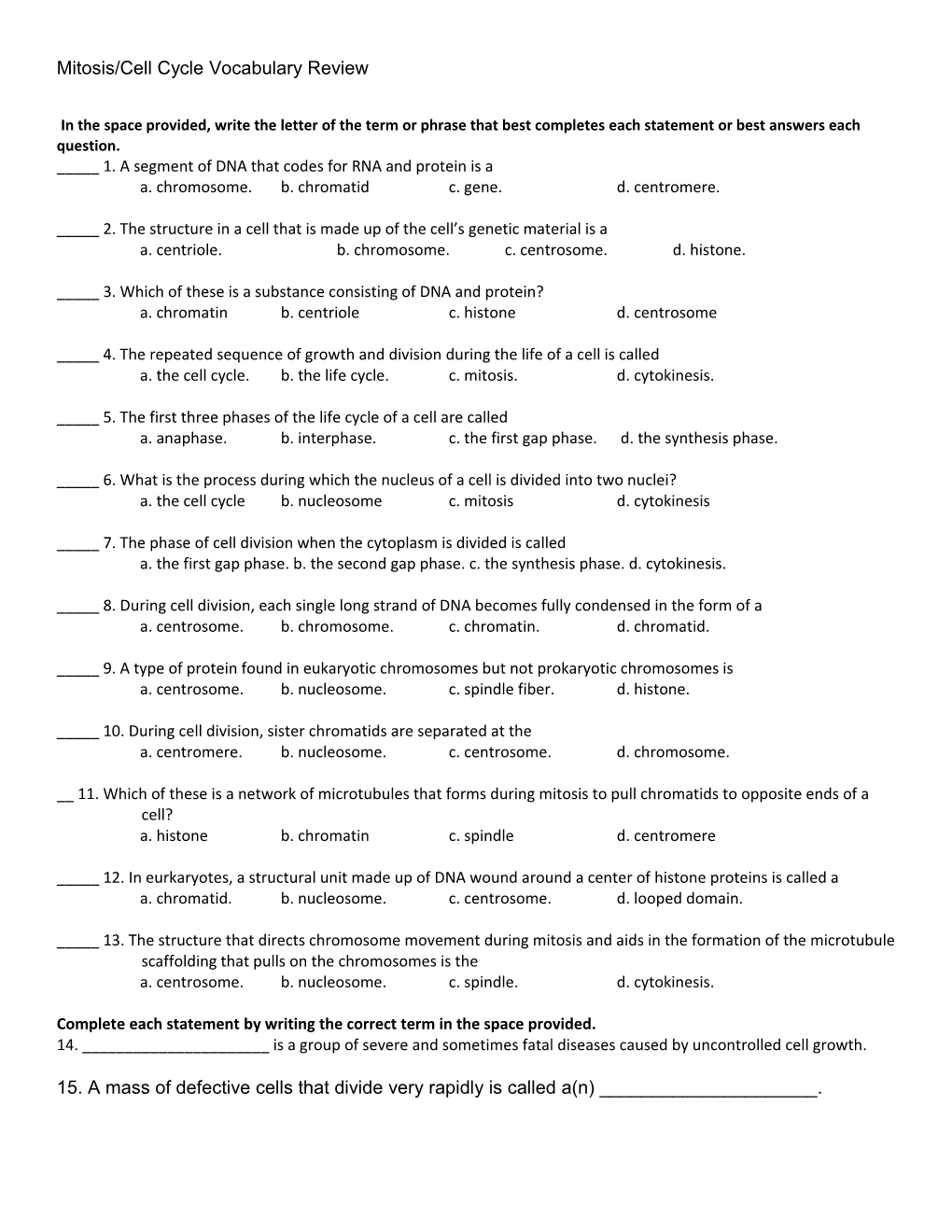 Mitosis/Cell Cycle Vocabulary Review