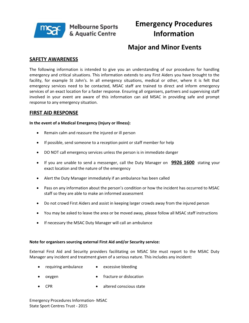 MSAC Emergency Procedures for Major and Minor Events