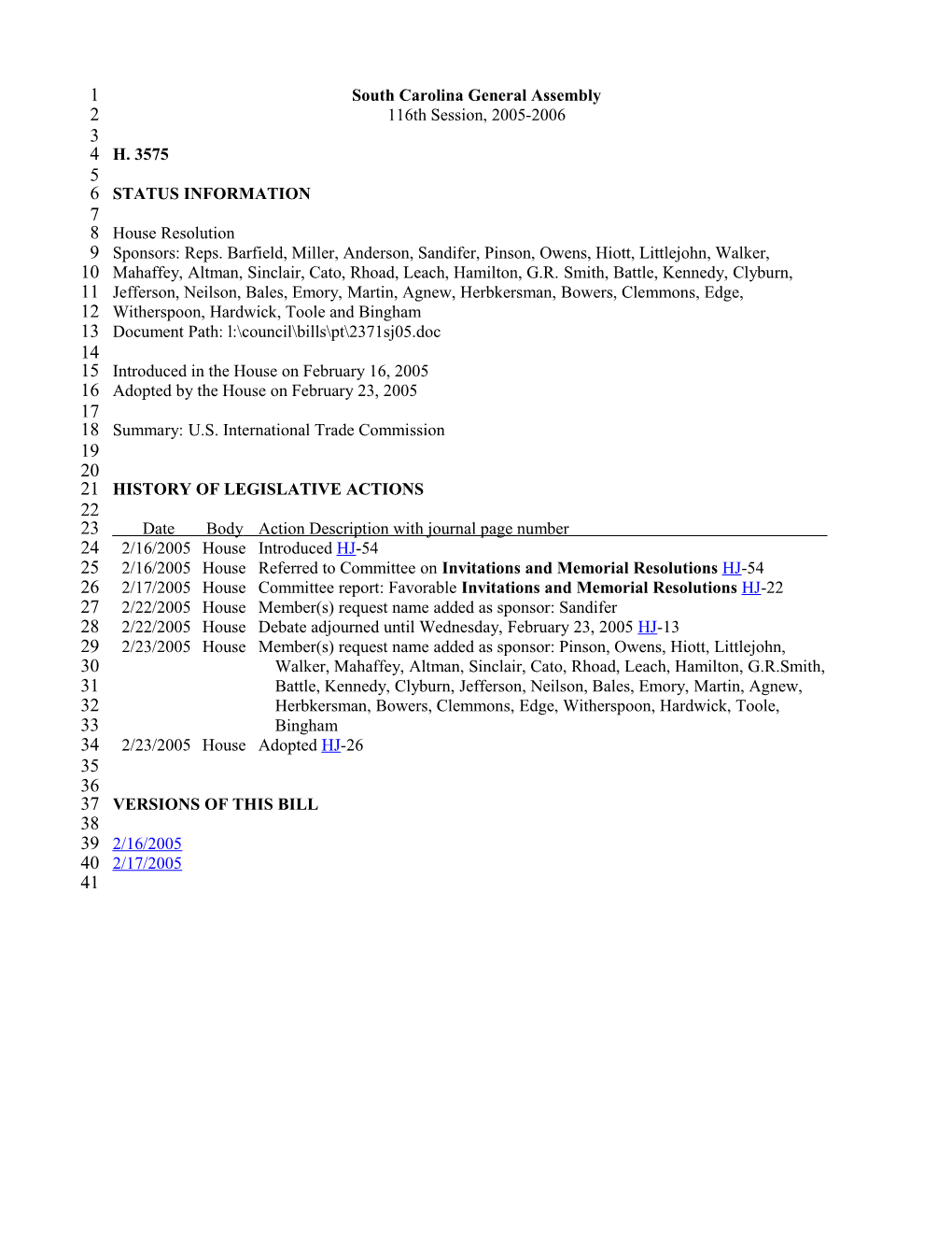 2005-2006 Bill 3575: U.S. International Trade Commission - South Carolina Legislature Online