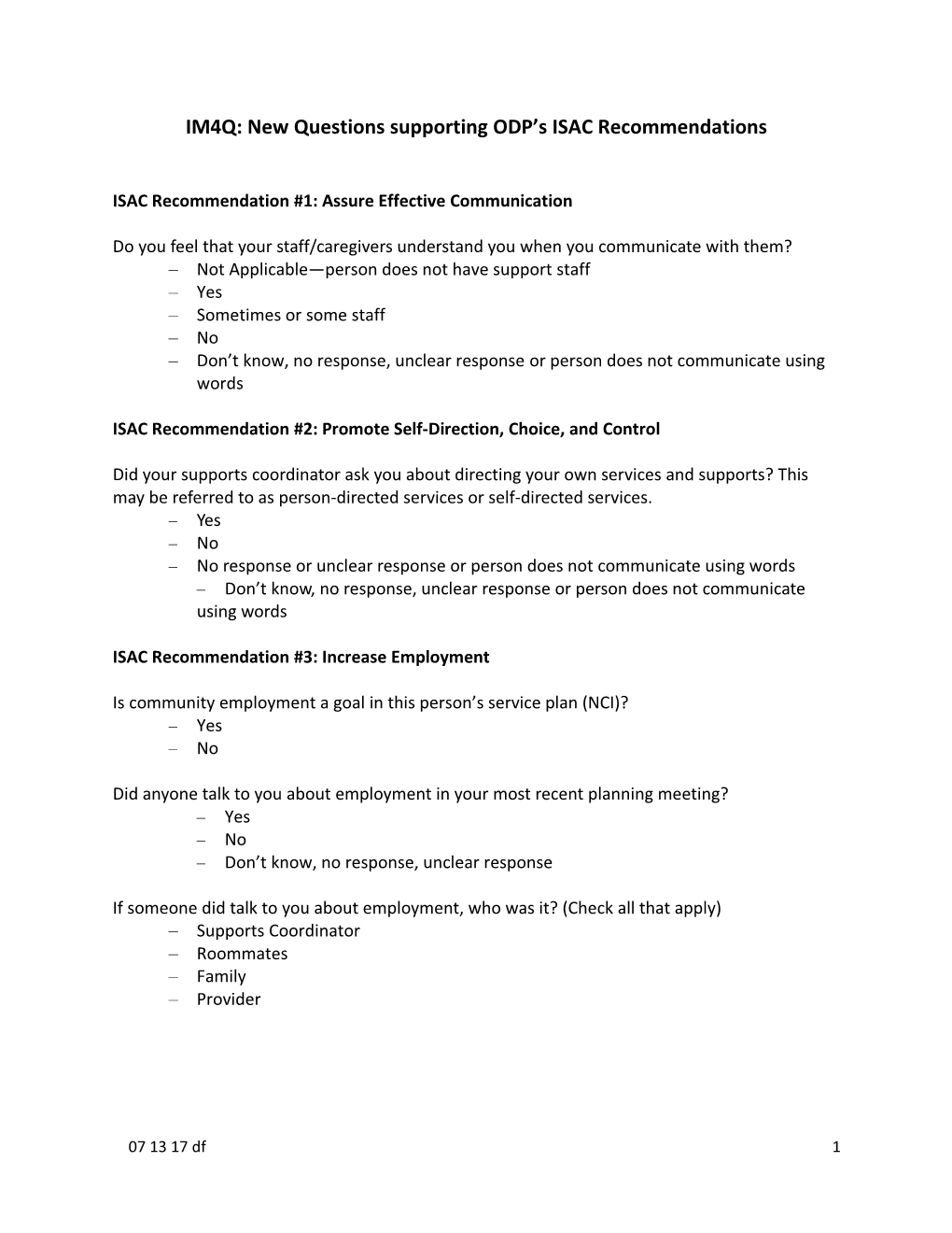IM4Q: New Questions Supporting ODP S ISAC Recommendations