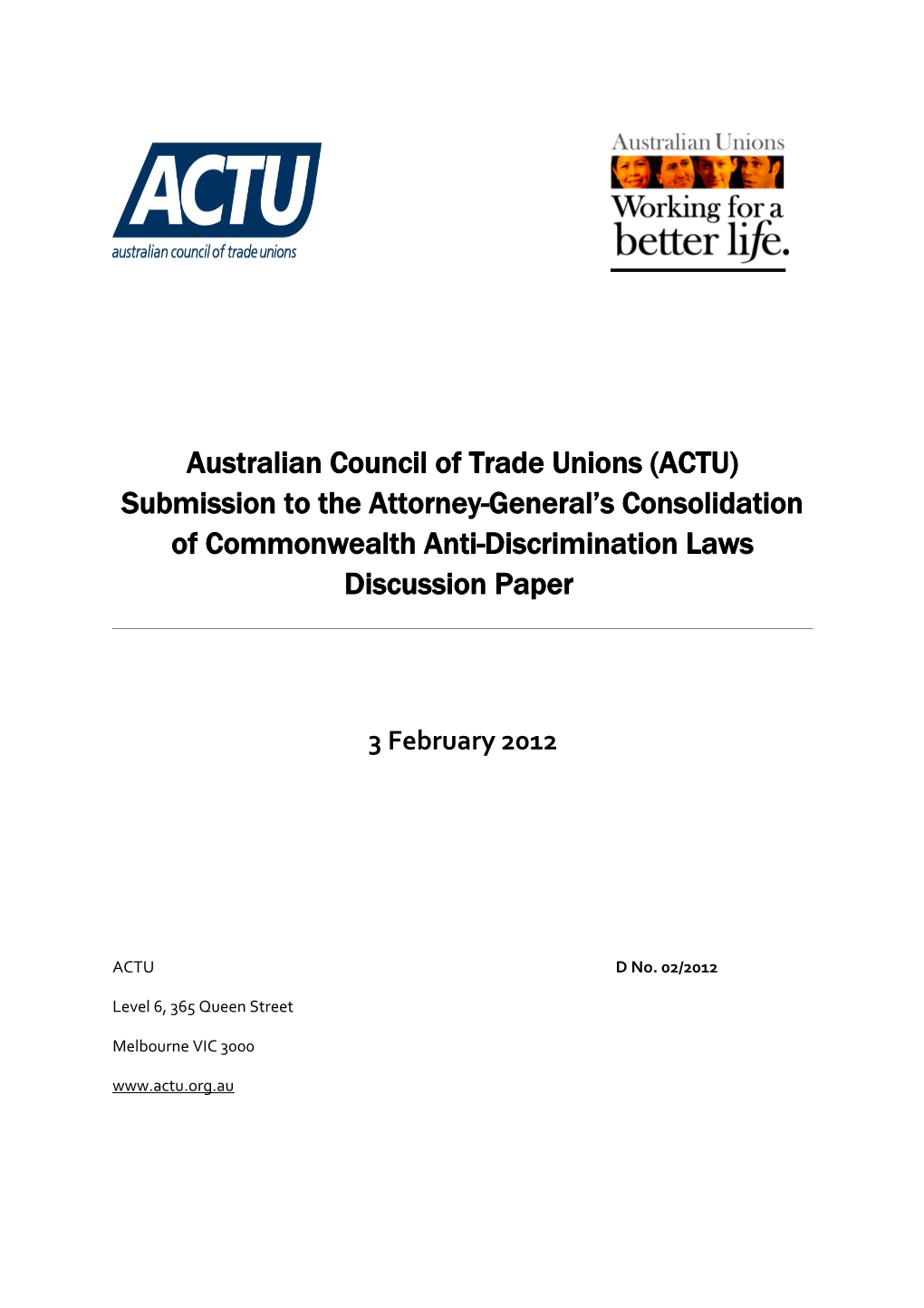 Submission on the Consolidation of Commonwealth Anti-Discrimination Laws - Australian Council