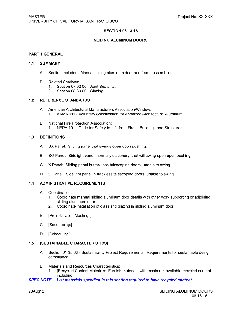 Section 08 13 16 - Sliding Aluminum Doors