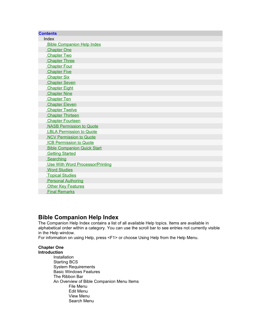 Bible Companion Help Index