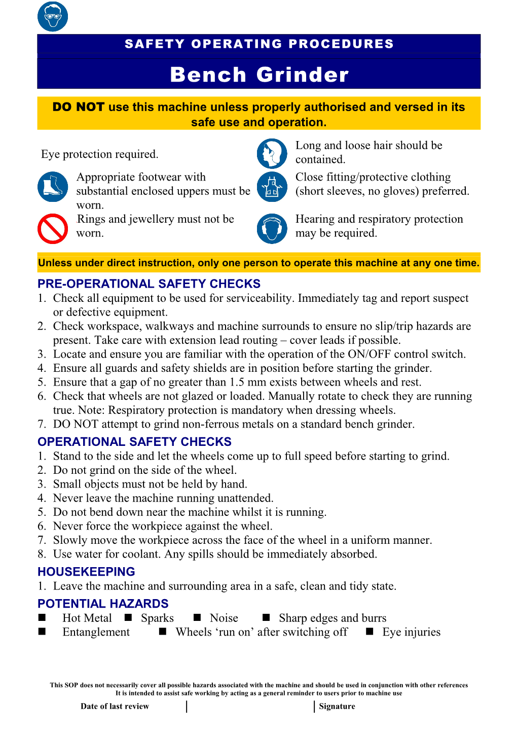Safety Operating Procedures - Bench Grinder