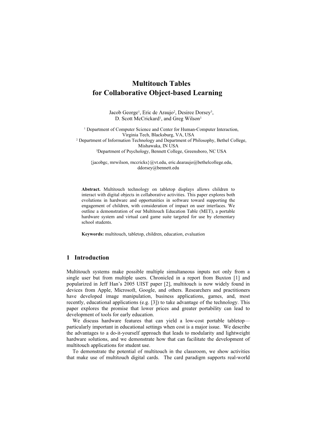 Multitouch Tables for Collaborative Object-Based Learning