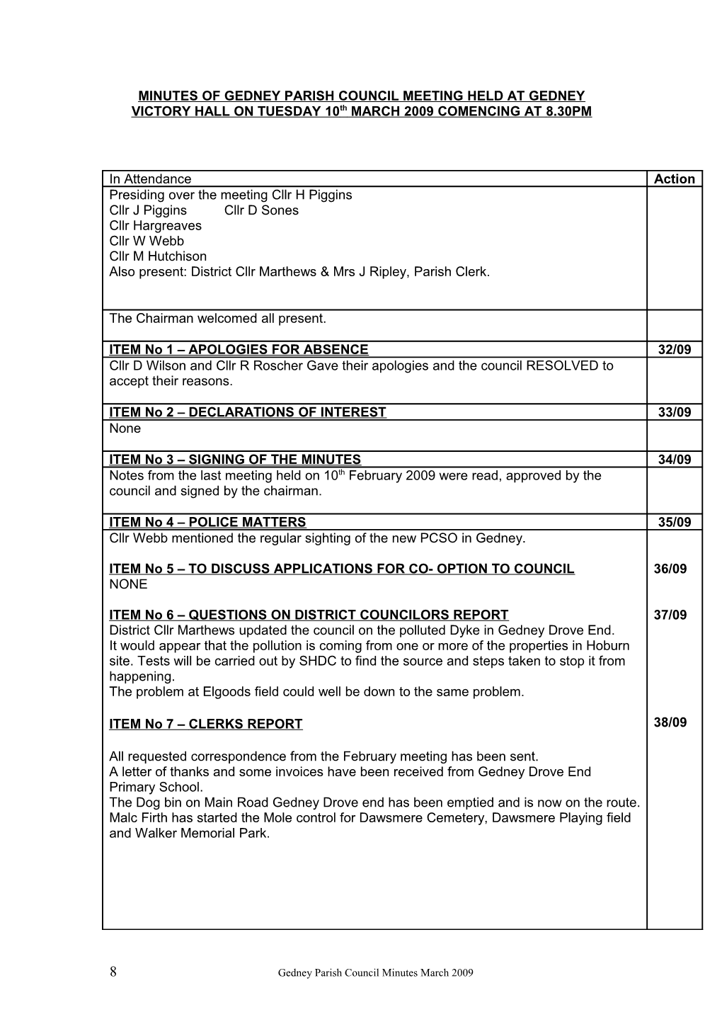 MINUTES of GEDNEY PARISH COUNCIL MEETING HELD at GEDNEY VICTORY HALL on TUESDAY 10Th MARCH