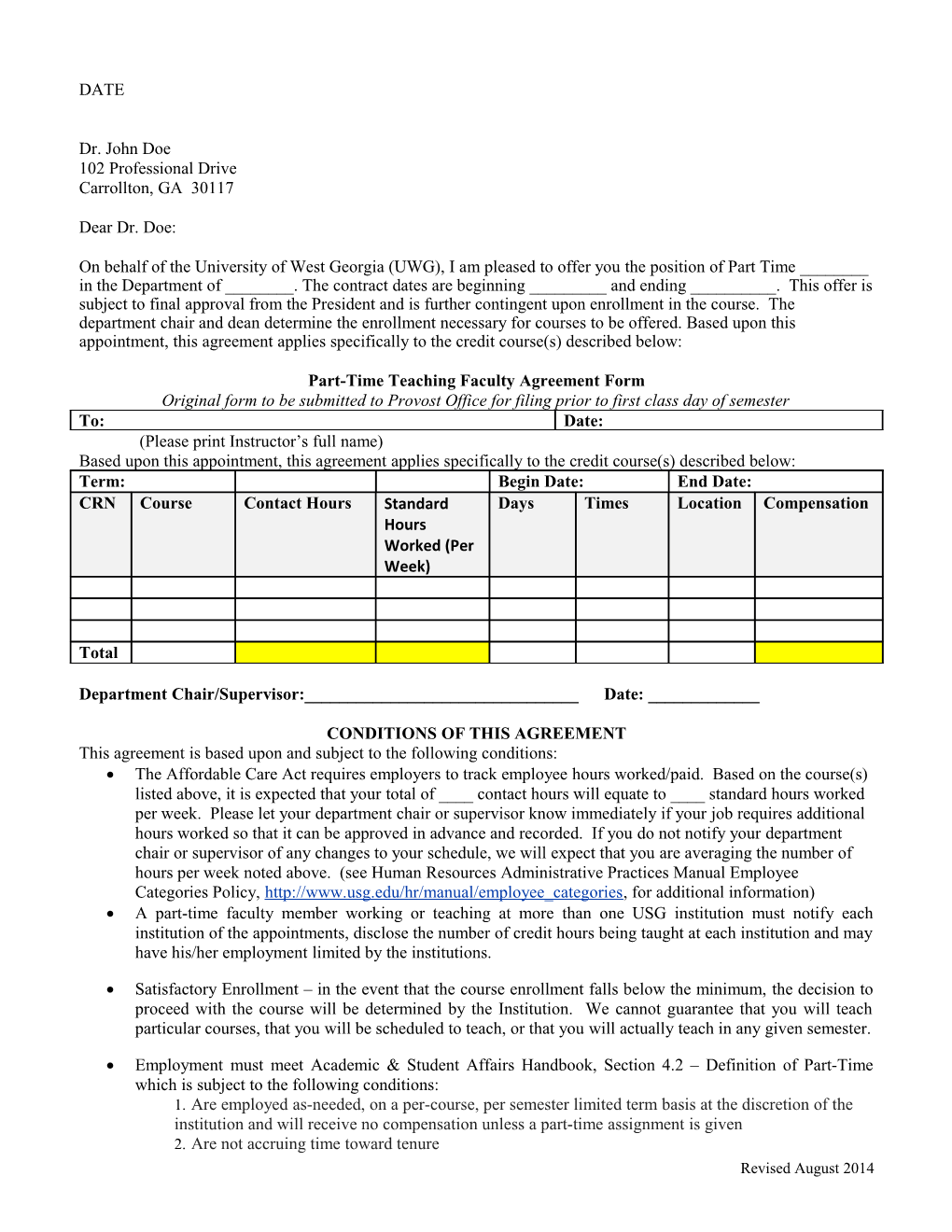 Sample Letter of Offer to Instructors and Other One Year Positions