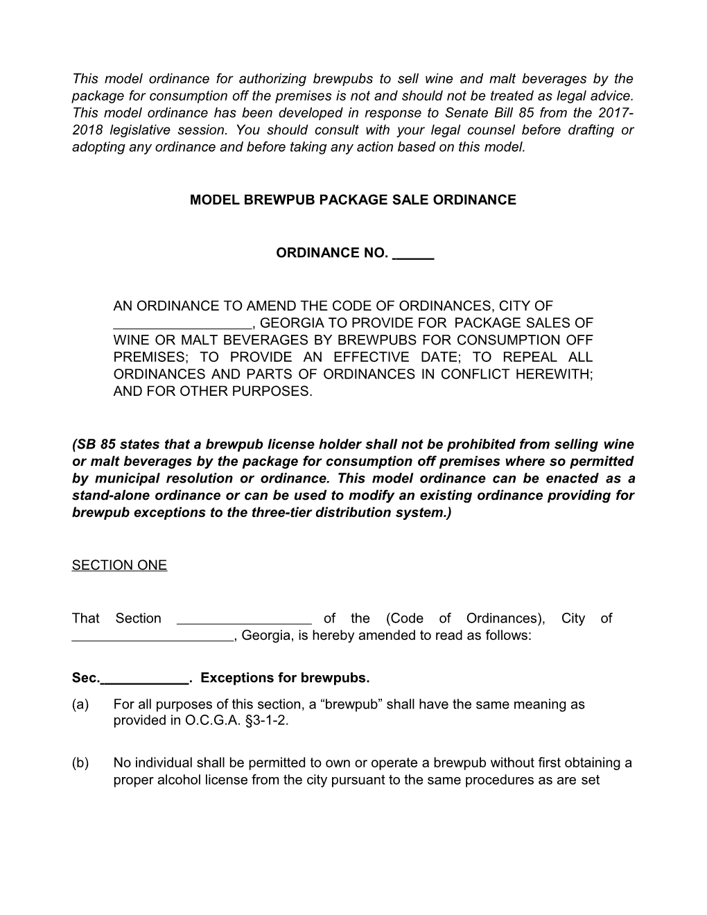 Model Brewpub Package Sale Ordinance