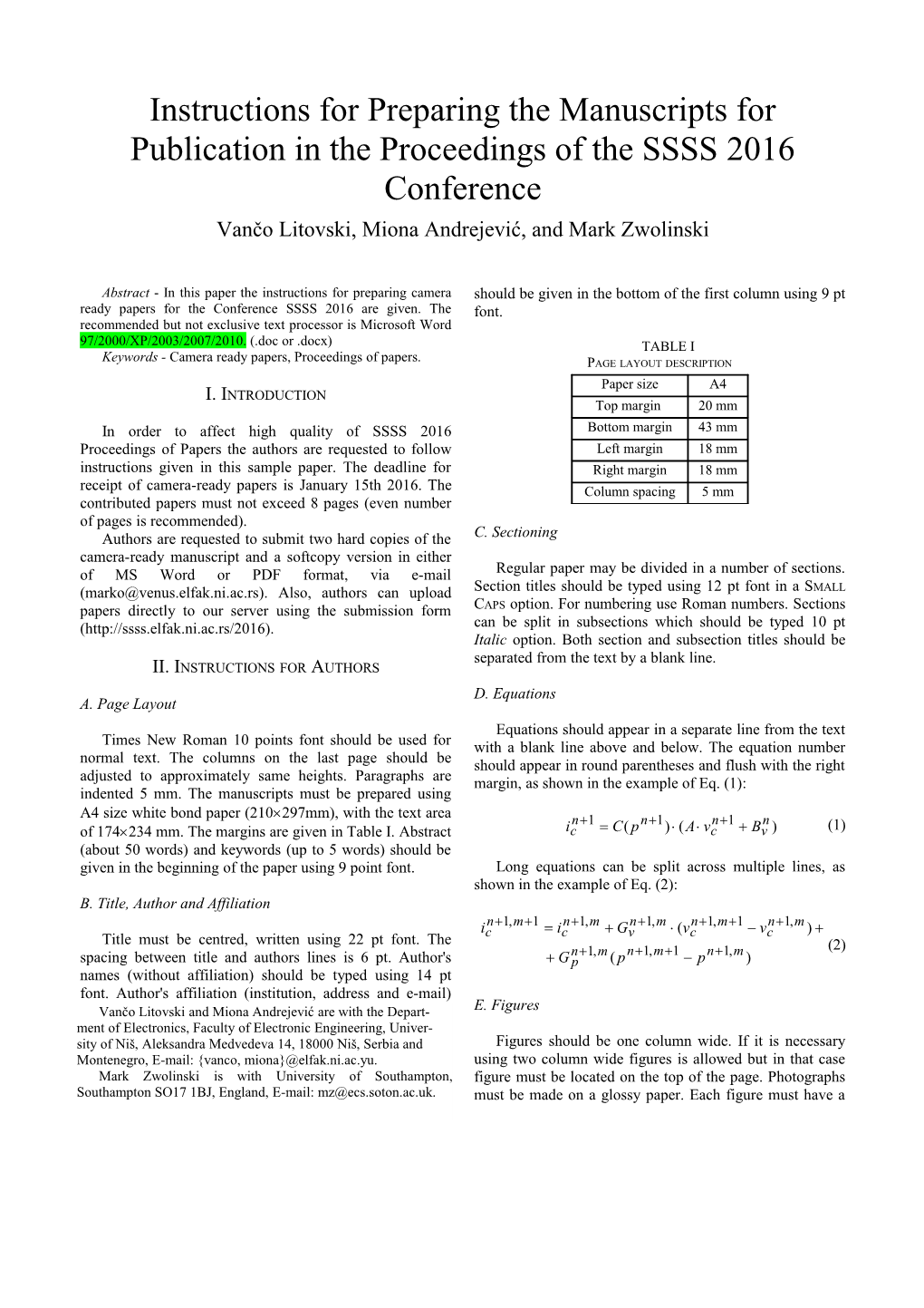 Preparing the Camera Ready Paper for SSSS 2005 Proceeding of Papers