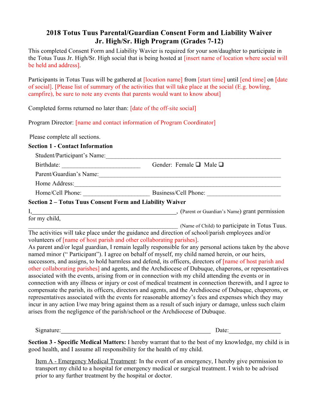 2018 Totus Tuus Parental/Guardian Consent Form and Liability Waiver