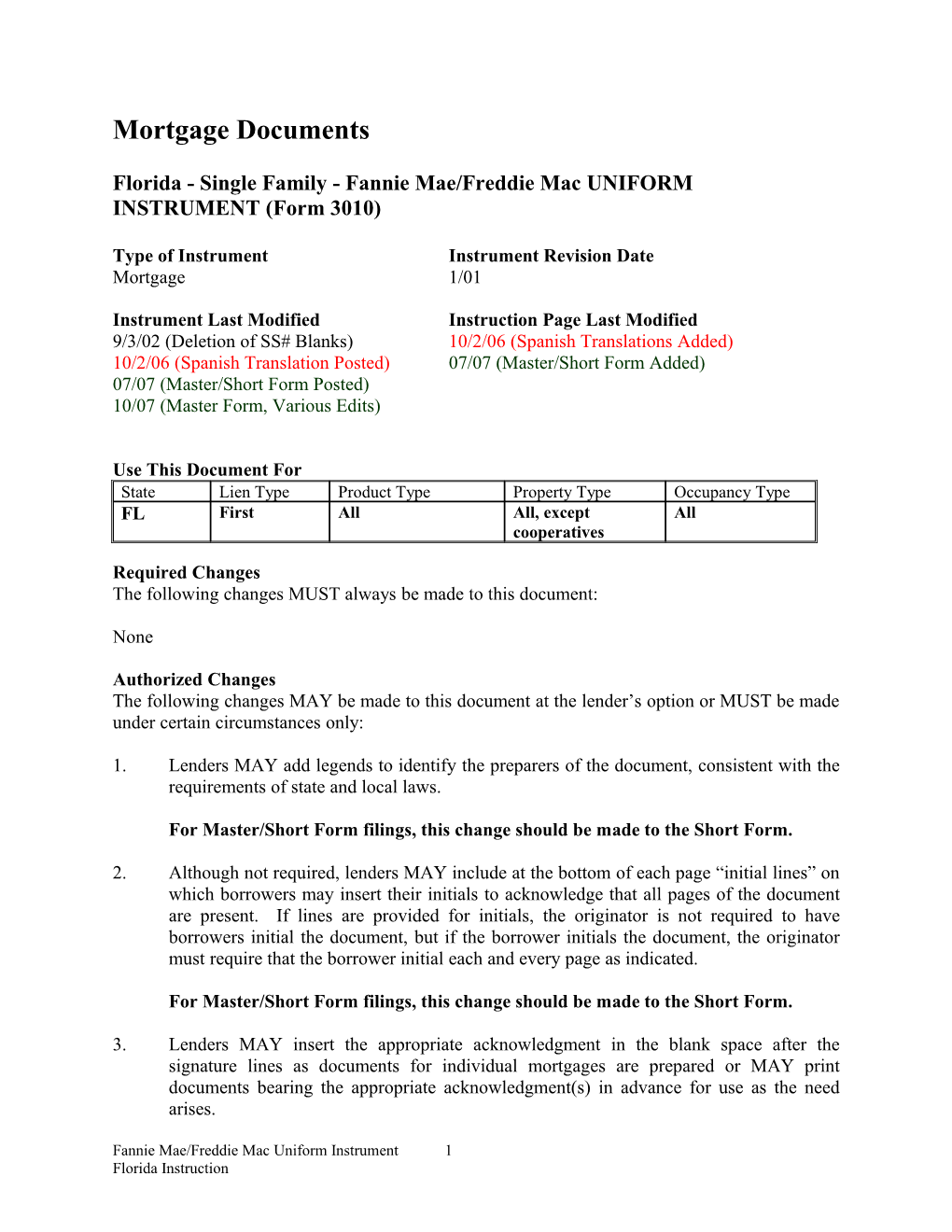 Instructions: Florida Security Instrument (Form 3010)