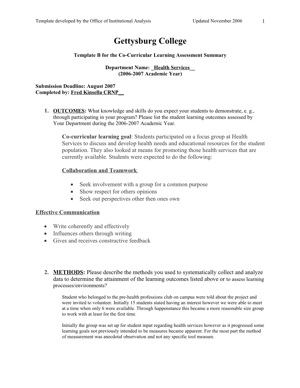 Template B for the Co-Curricular Learning Assessment Summary