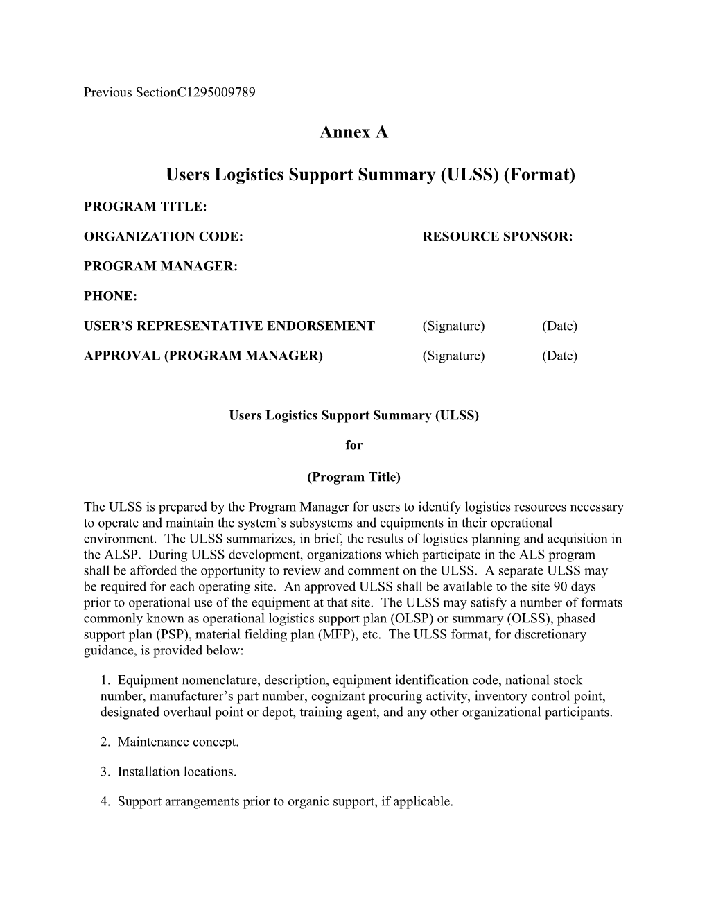 Annex a - Users Logistics Support Summary (ULSS) (FORMAT)