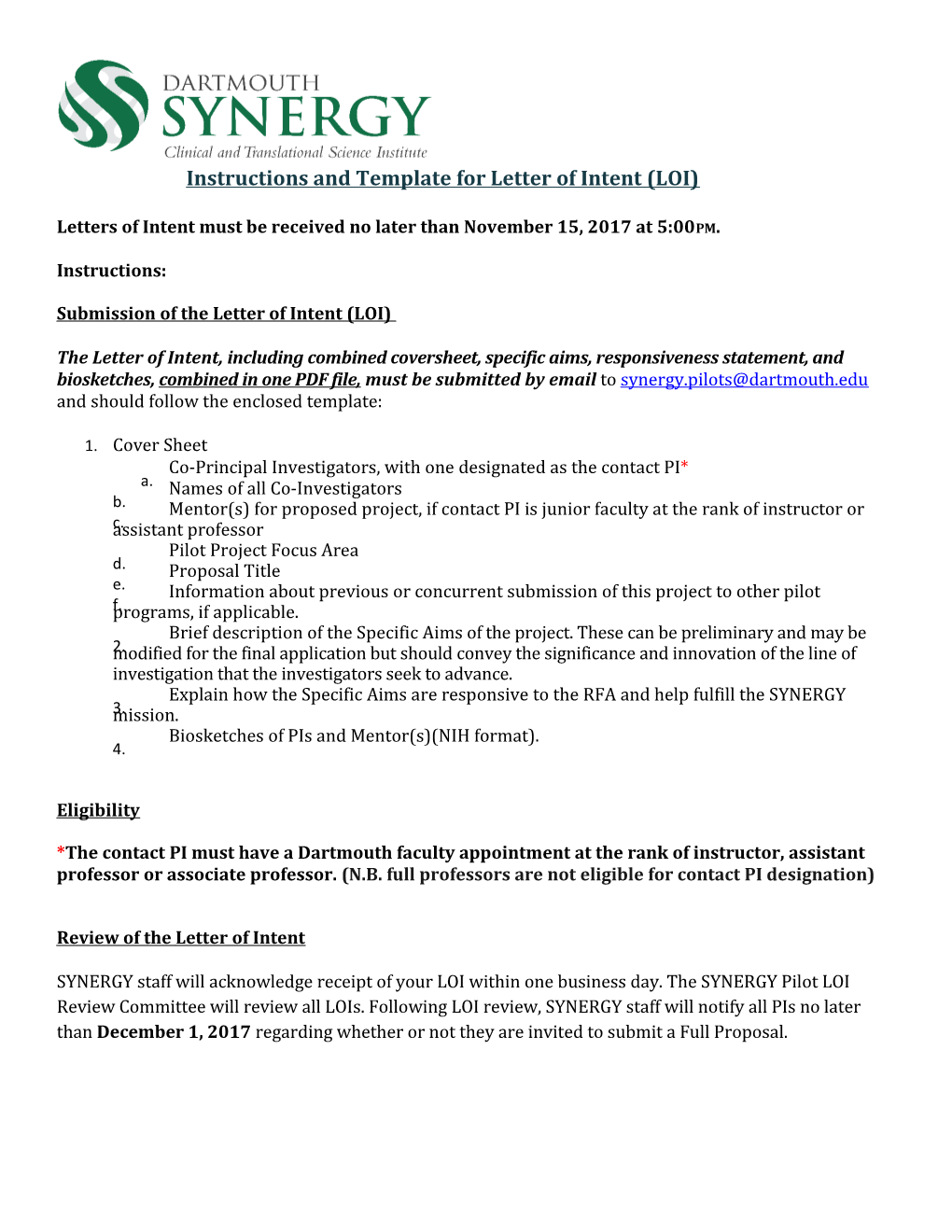 Instructions and Template for Letter of Intent (LOI)