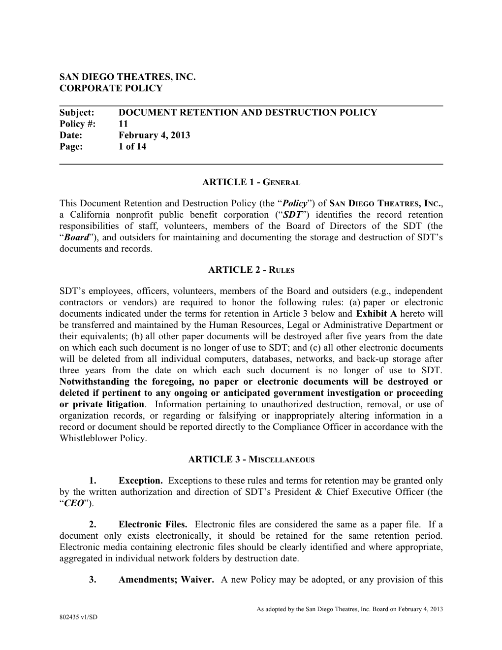 Policy #11: Document Retention and Destruction