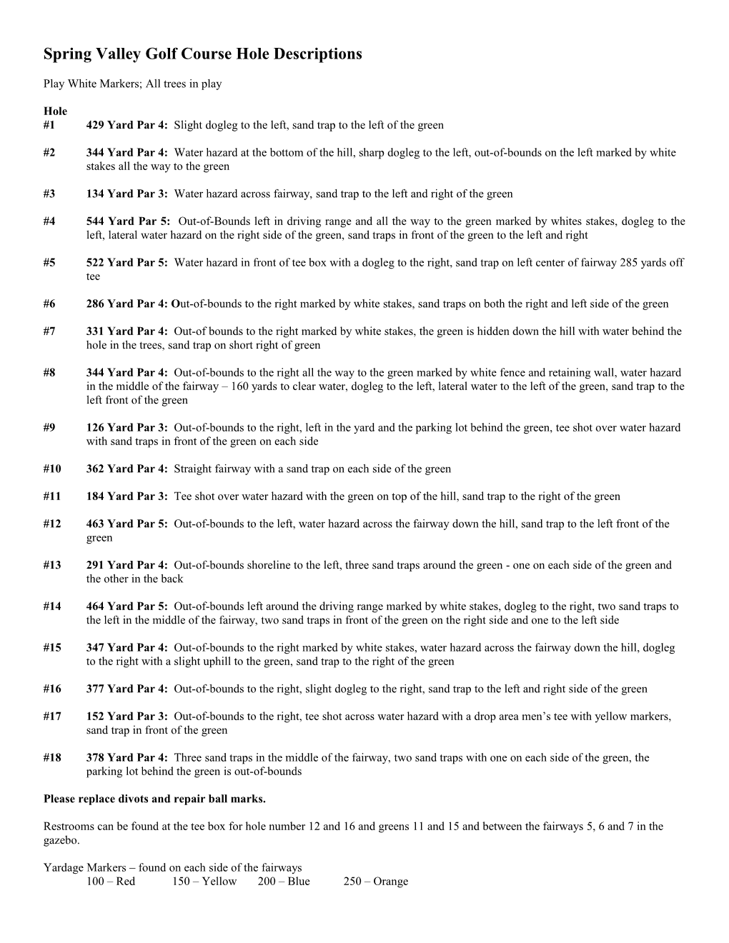 Spring Valley Golf Course Hole Descriptions