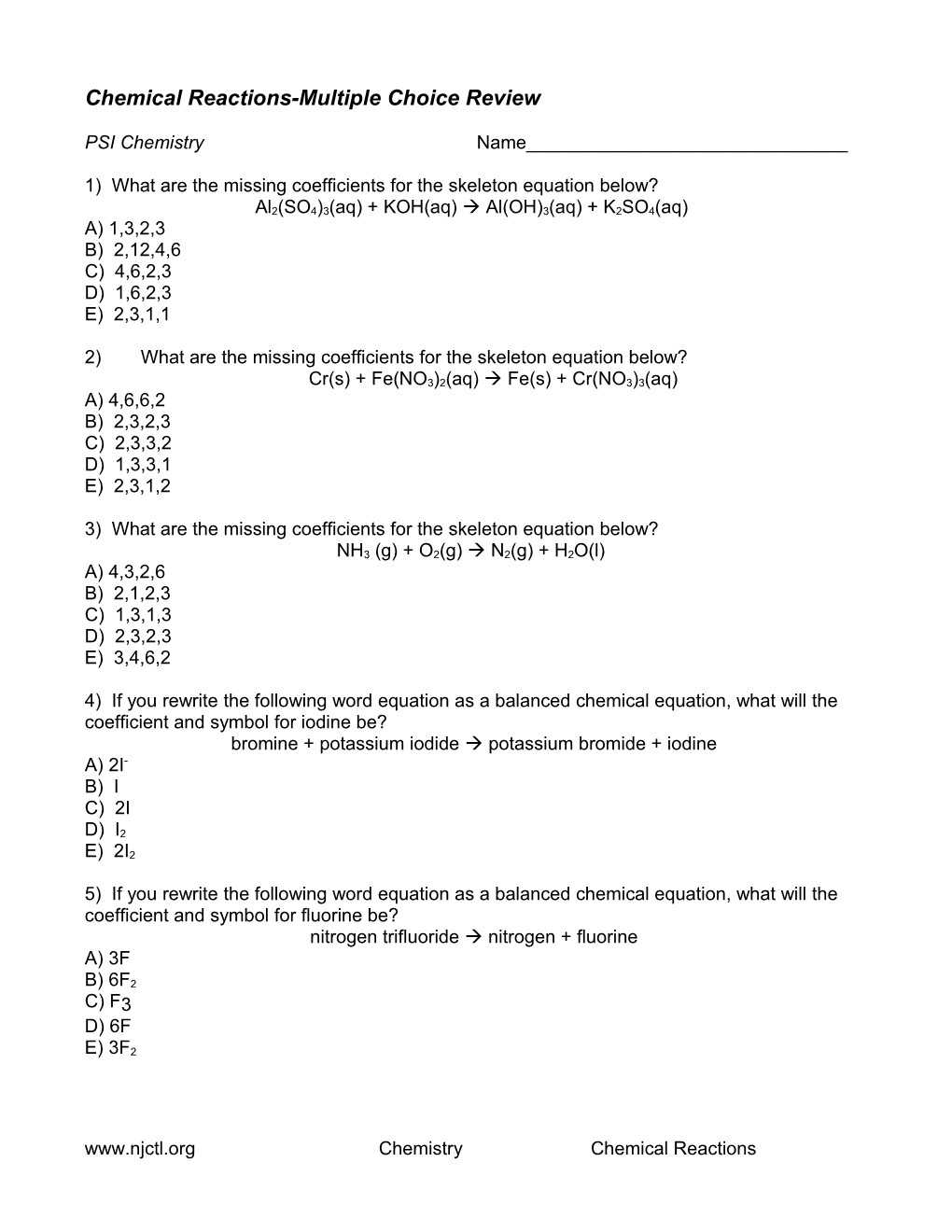 Chemical Reactions-Multiple Choice Review