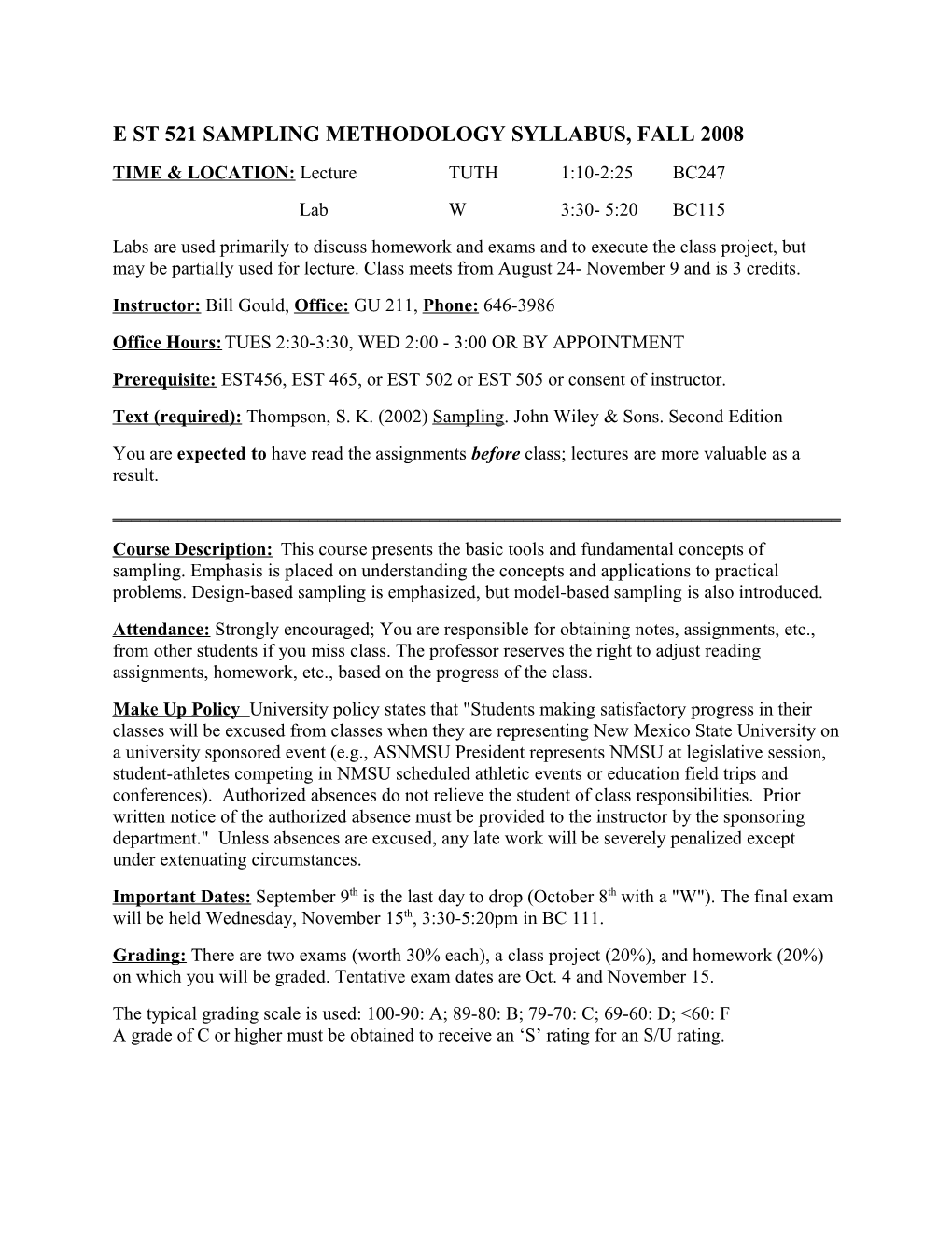 E St 521 Sampling Methodology Syllabus, Fall 2008