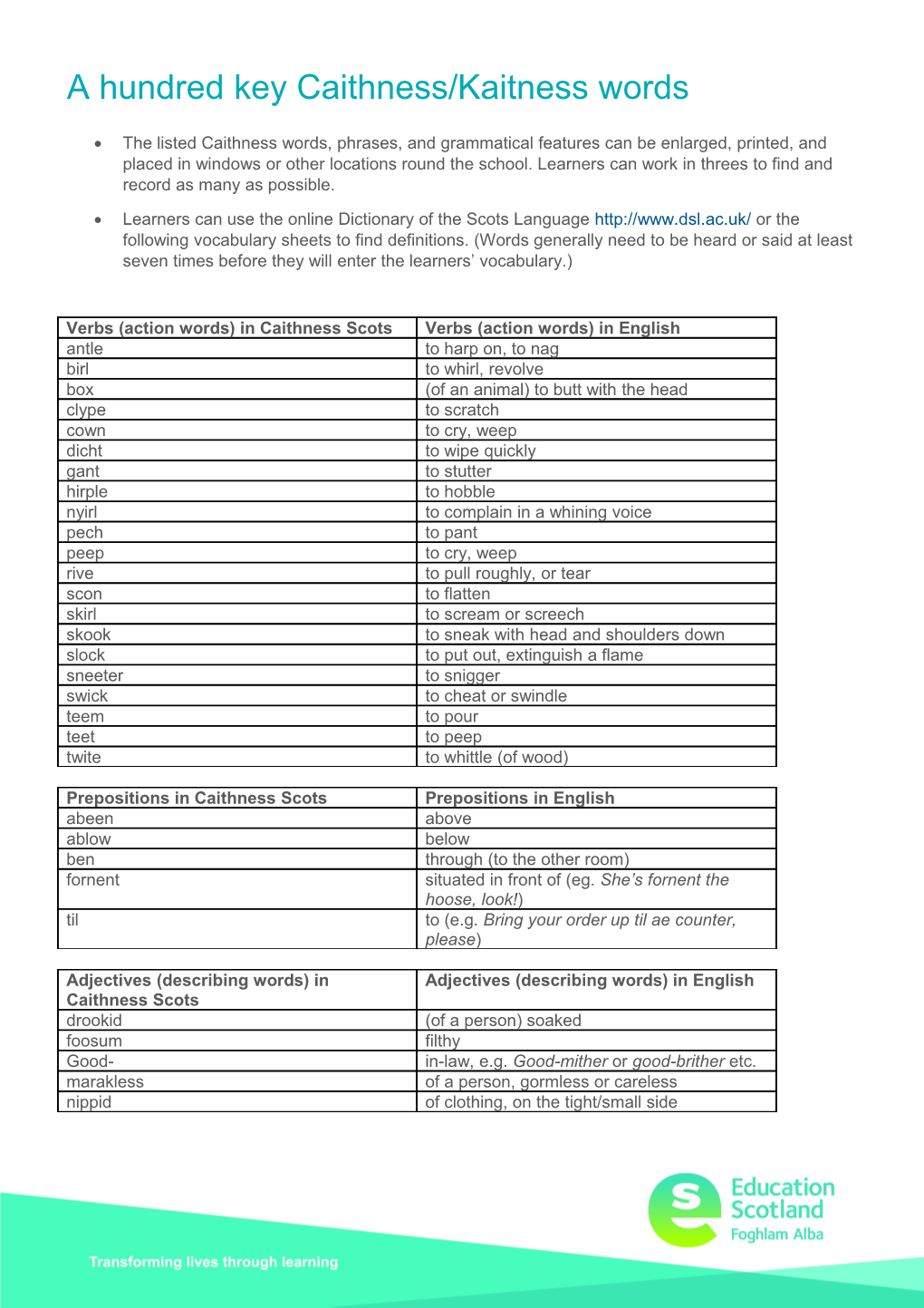 A Hundred Key Caithness/Kaitness Words