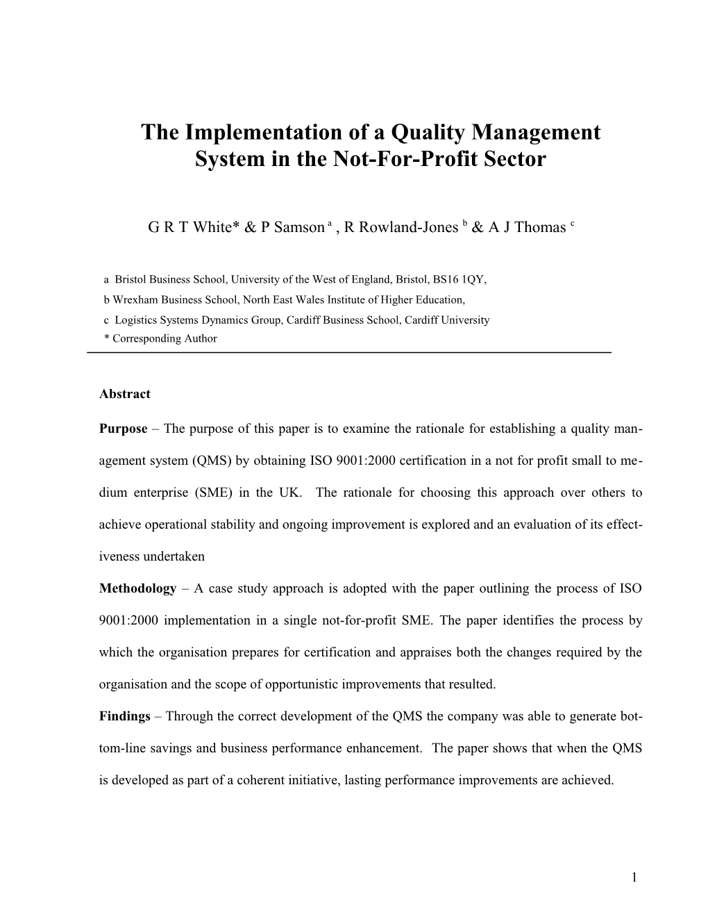 The Implementation of a Quality Management System in the Not-For-Profit Sector