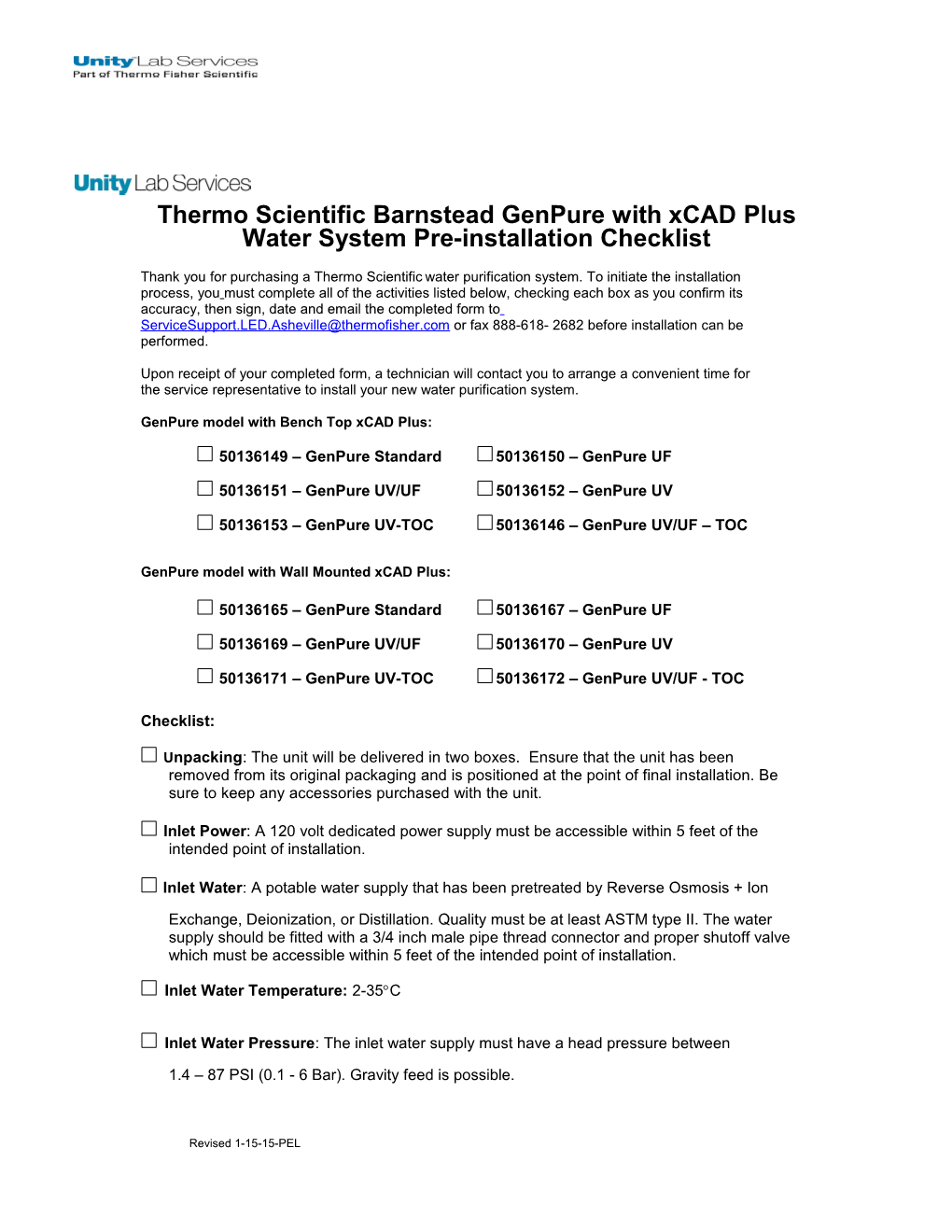 Thermo Scientific Barnstead Genpurewith Xcadpluswater System Pre-Installation Checklist
