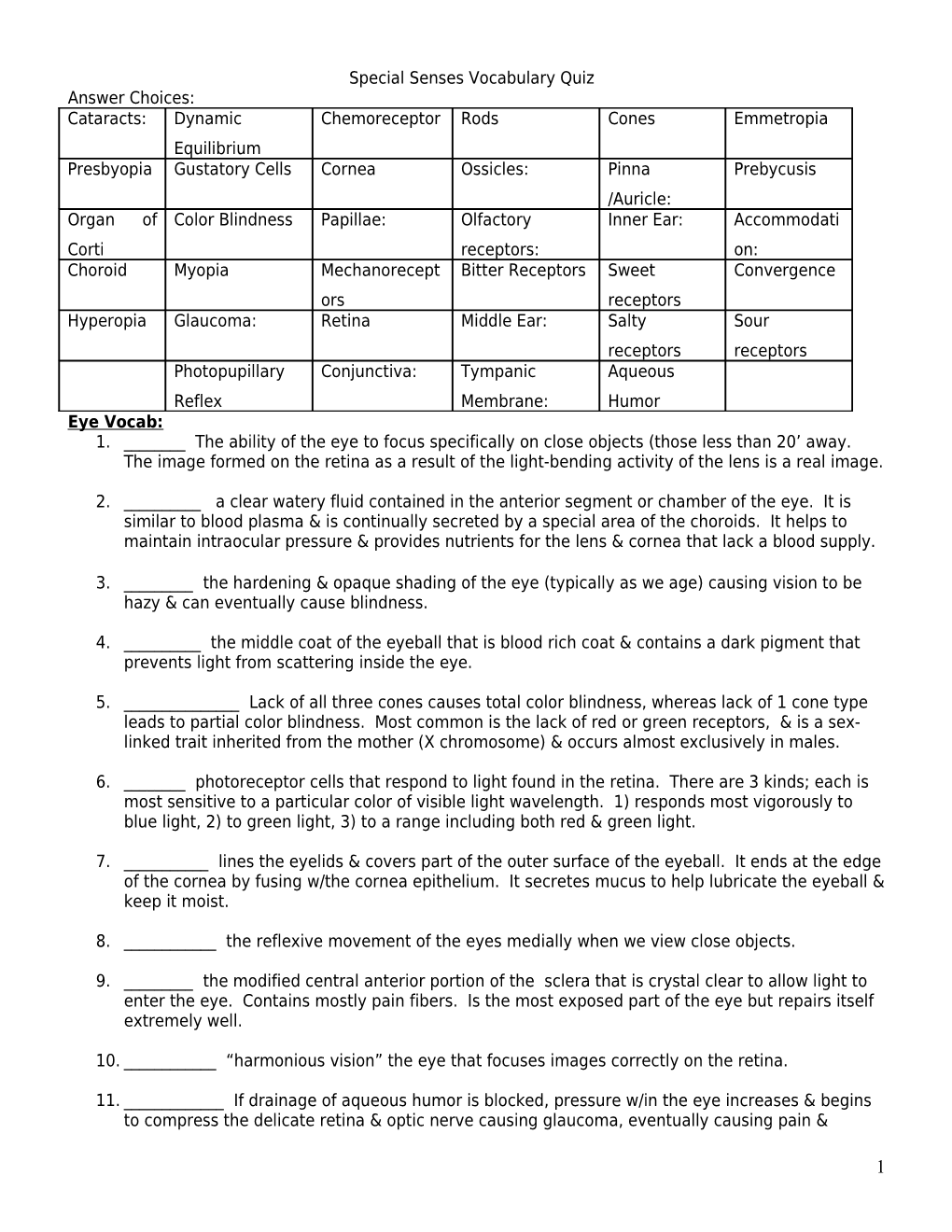 Special Senses Vocabulary Quiz